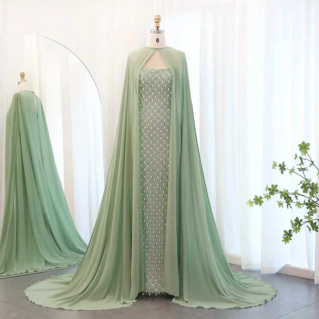 Luxury Crystal Pearls Mermaid Sage Green Evening Dress with Cape Elegant Women Wedding Party Gown