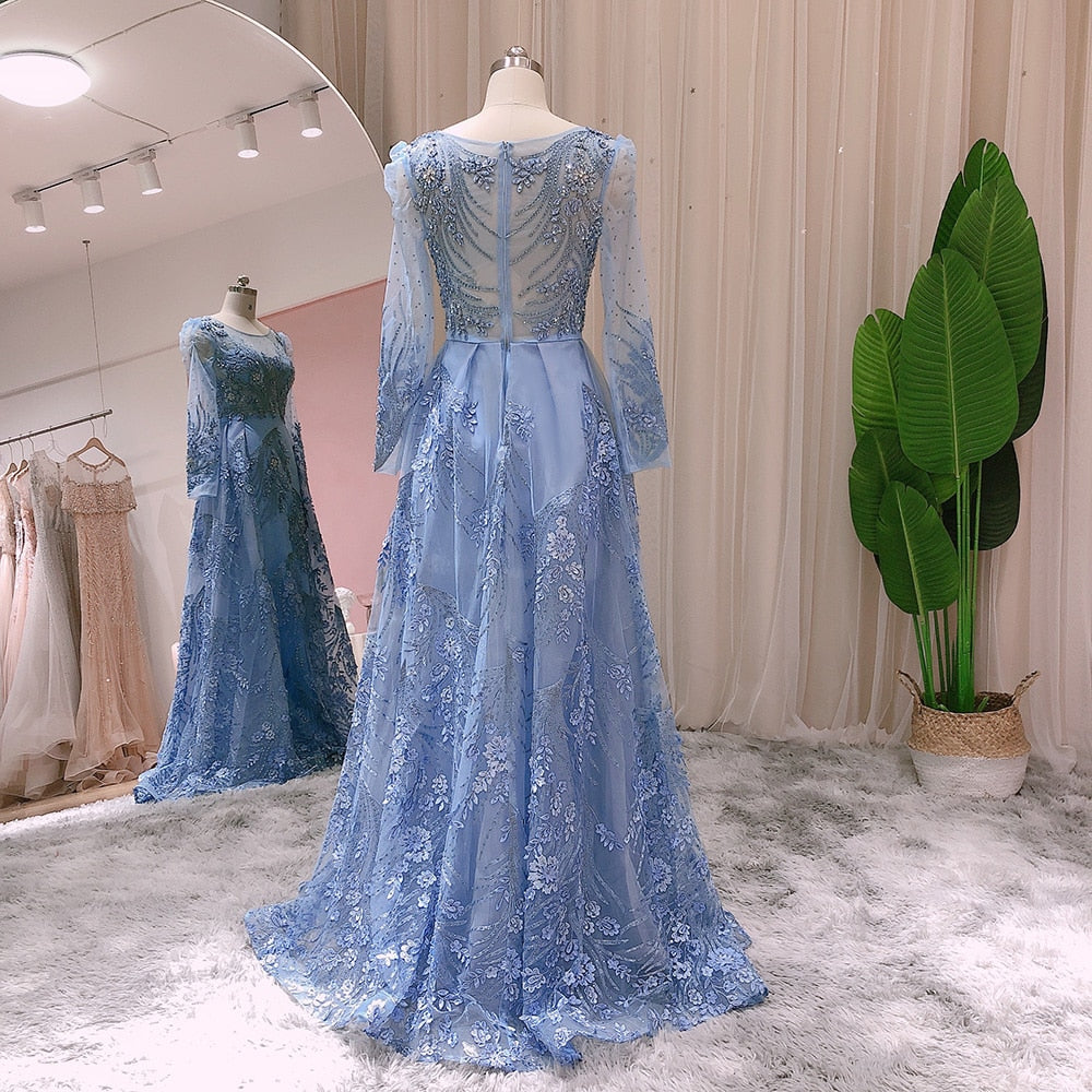 Blue Long Sleeve Overskirt Evening Dresses for Women Wedding Party Luxury Crystal Formal Dress - Image 8