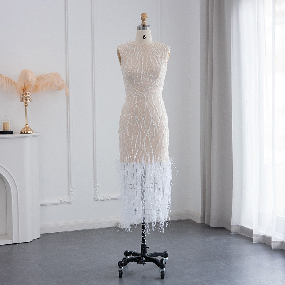 Elegant Lace Midi Evening Dress with Feathers Beading Formal Dresses for Wedding Party - Image 10