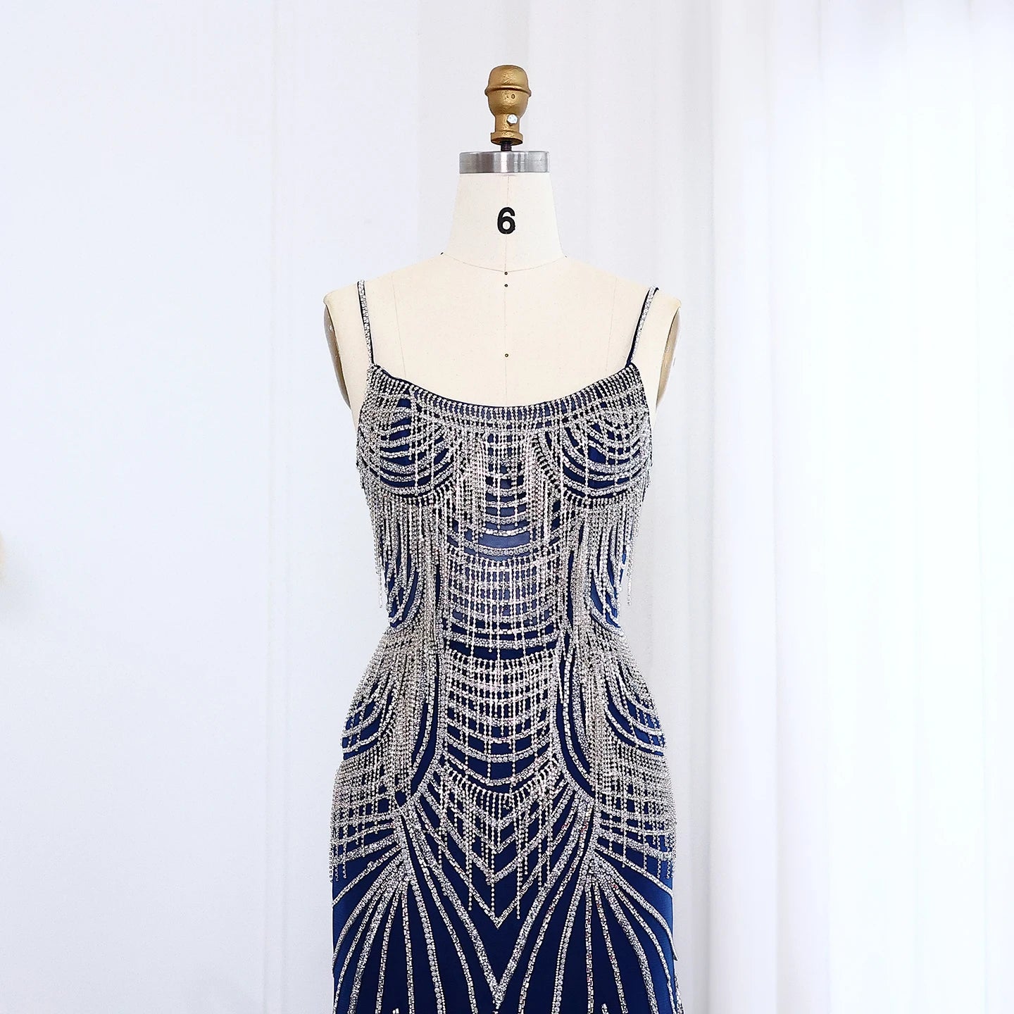 Luxury Crystal Tassel Mermaid Evening Dress with Spaghetti Straps Nude Pink Long Prom Party Gowns - Image 17