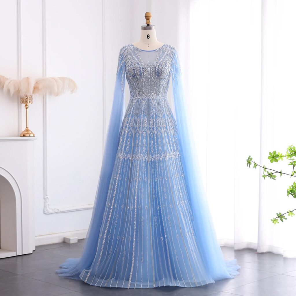 Blue Luxury Evening Dress with Cape Sleeves Brown Pink Wedding Formal Party Gowns