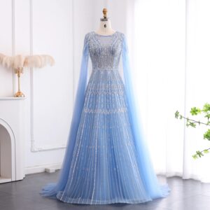 Blue Luxury Evening Dress with Cape Sleeves Brown Pink Wedding Formal Party Gowns