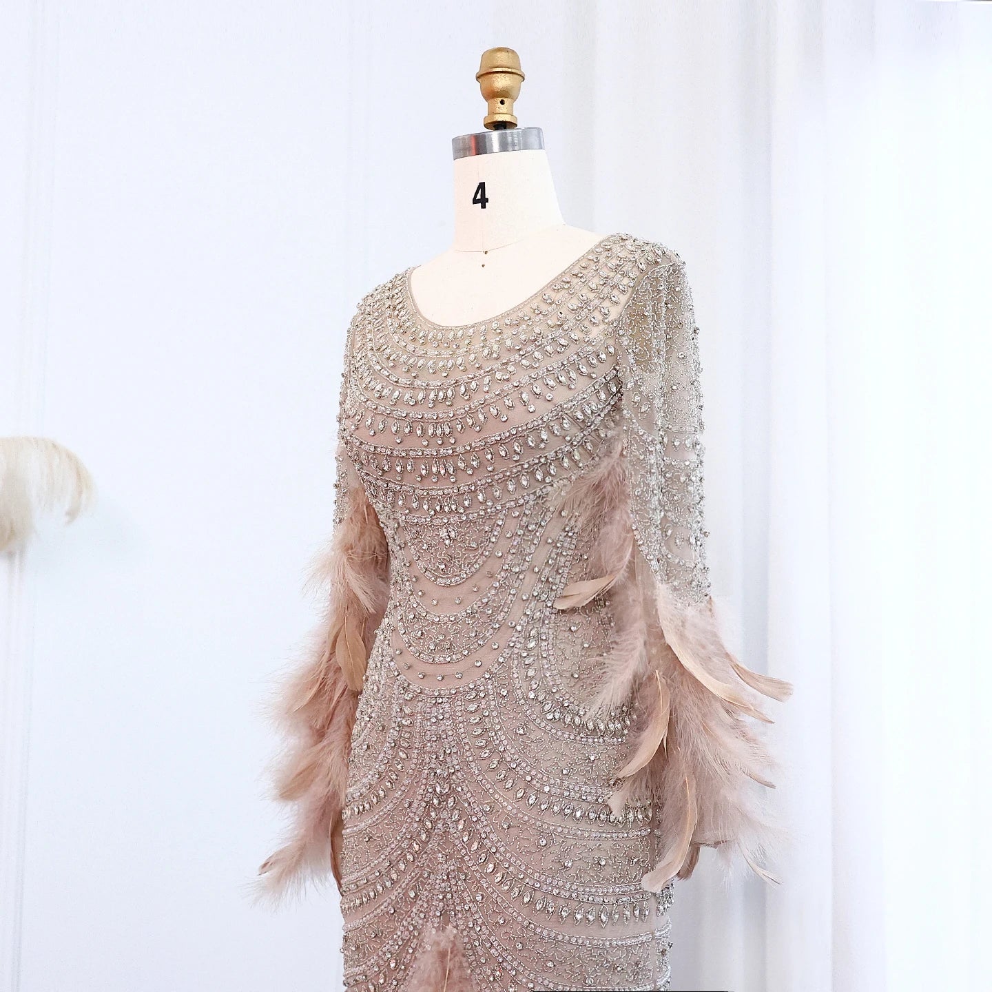 Luxury Feather Nude Mermaid Evening Dress for Women Wedding Party Long Sleeves Elegant - Image 3