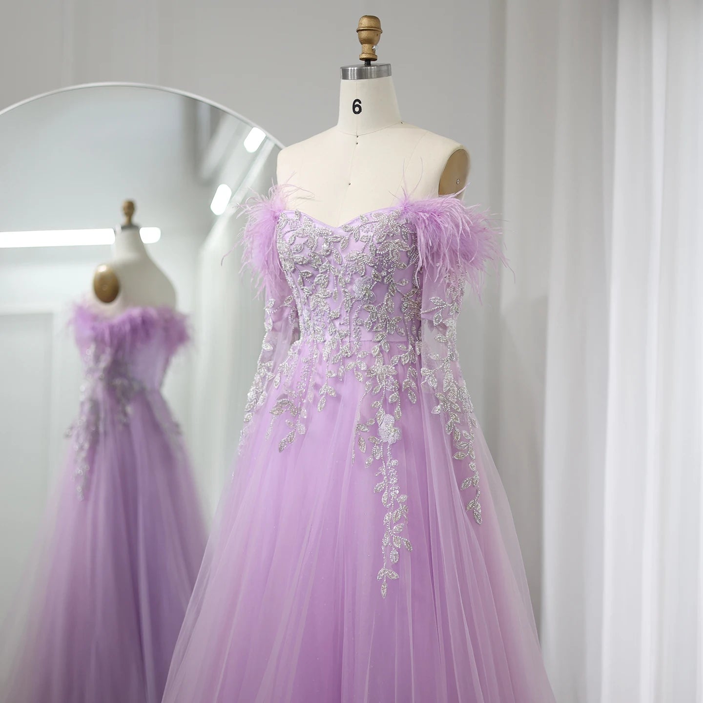 Luxury Feathers Gray Purple Evening Dress with Cape Sleeve Elegant Off Shoulder Lilac Wedding Party Gown - Image 7