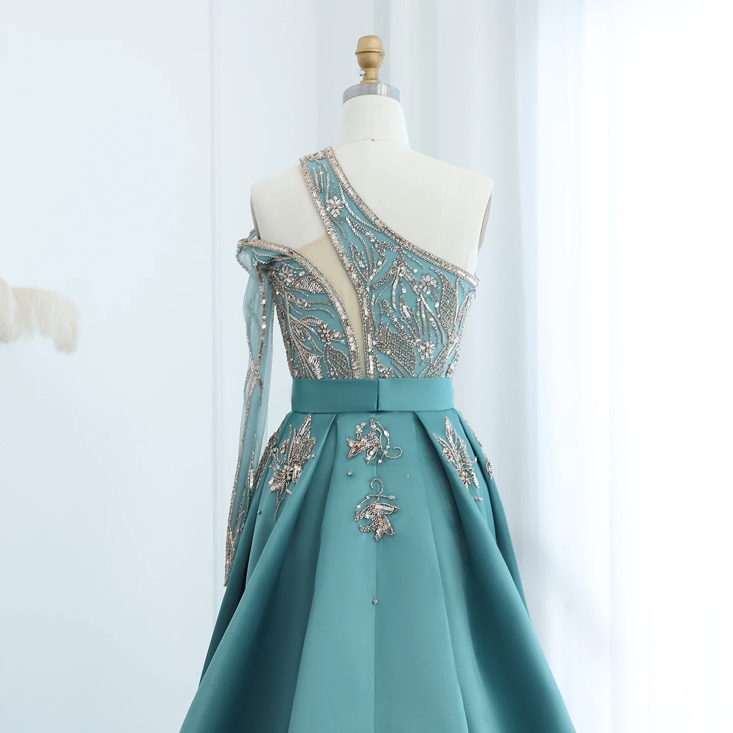 Luxury Beads One Shoulder Turquoise Evening Dress with Overskirt Women Wedding Party Gown - Image 15