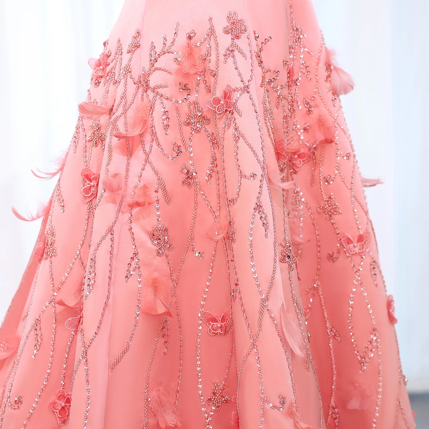 Luxury Feathers Coral Pink Evening Dresses 3D Flowers Sweetheart Long Women Wedding Formal Party Dress - Image 5