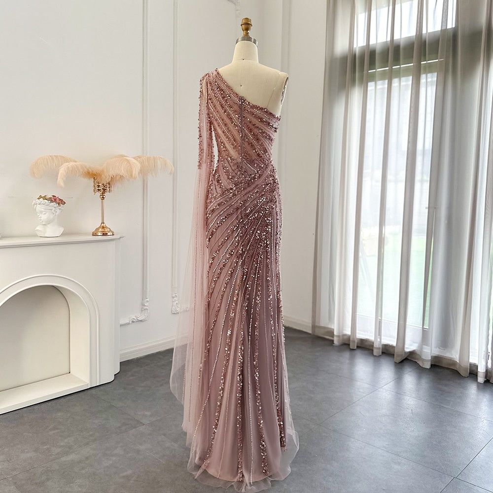 Luxury One Shoulder Mermaid Evening Dresses with Cape Sleeve Side Slit Wedding Party Gowns - Image 11