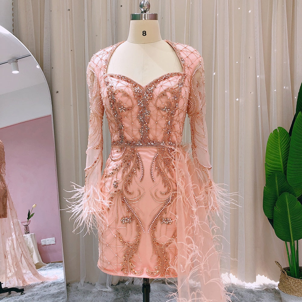 Luxury Coral Short Evening Dresses with Feathers OverSkirt Mini Cocktail Party Dress - Image 6