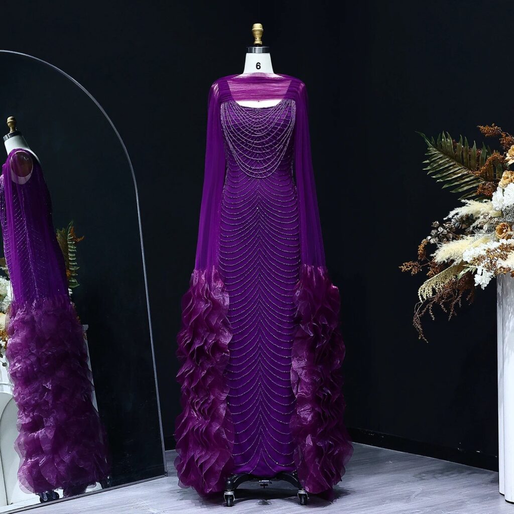 Luxury Beading Purple Evening Dress with Cape Sleeve Tiered Ruffles Women Wedding Party Gowns