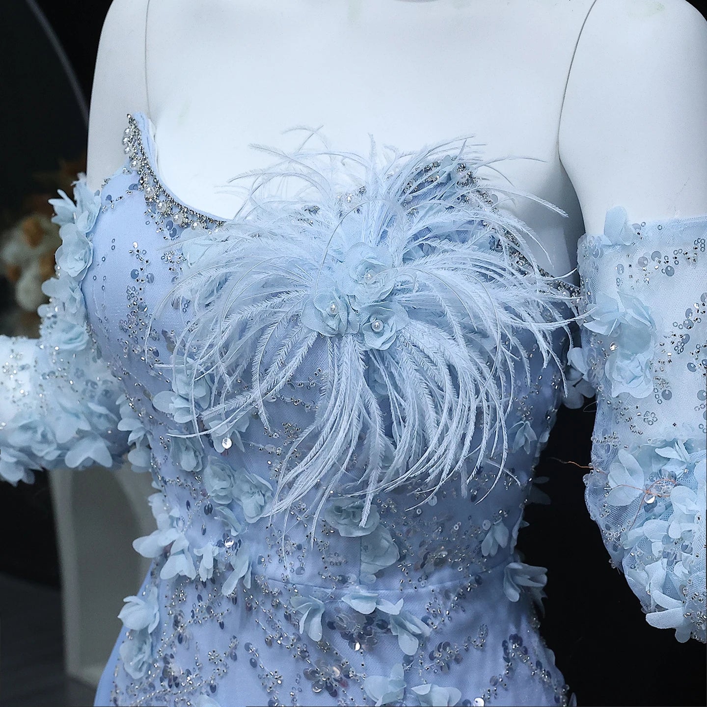Elegant 3D Flowers Feathers Mermaid Evening Dress with Sleeves Women Wedding Party Gowns - Image 5