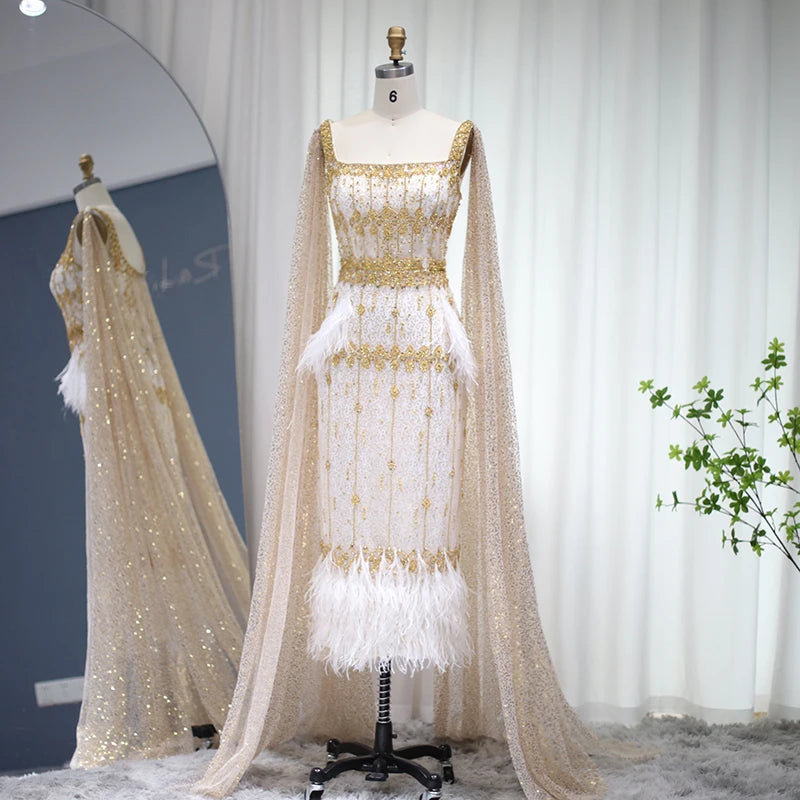 Mermaid Evening Dress with Cape Luxury Feather Formal Dresses for Women Wedding Party - Image 35