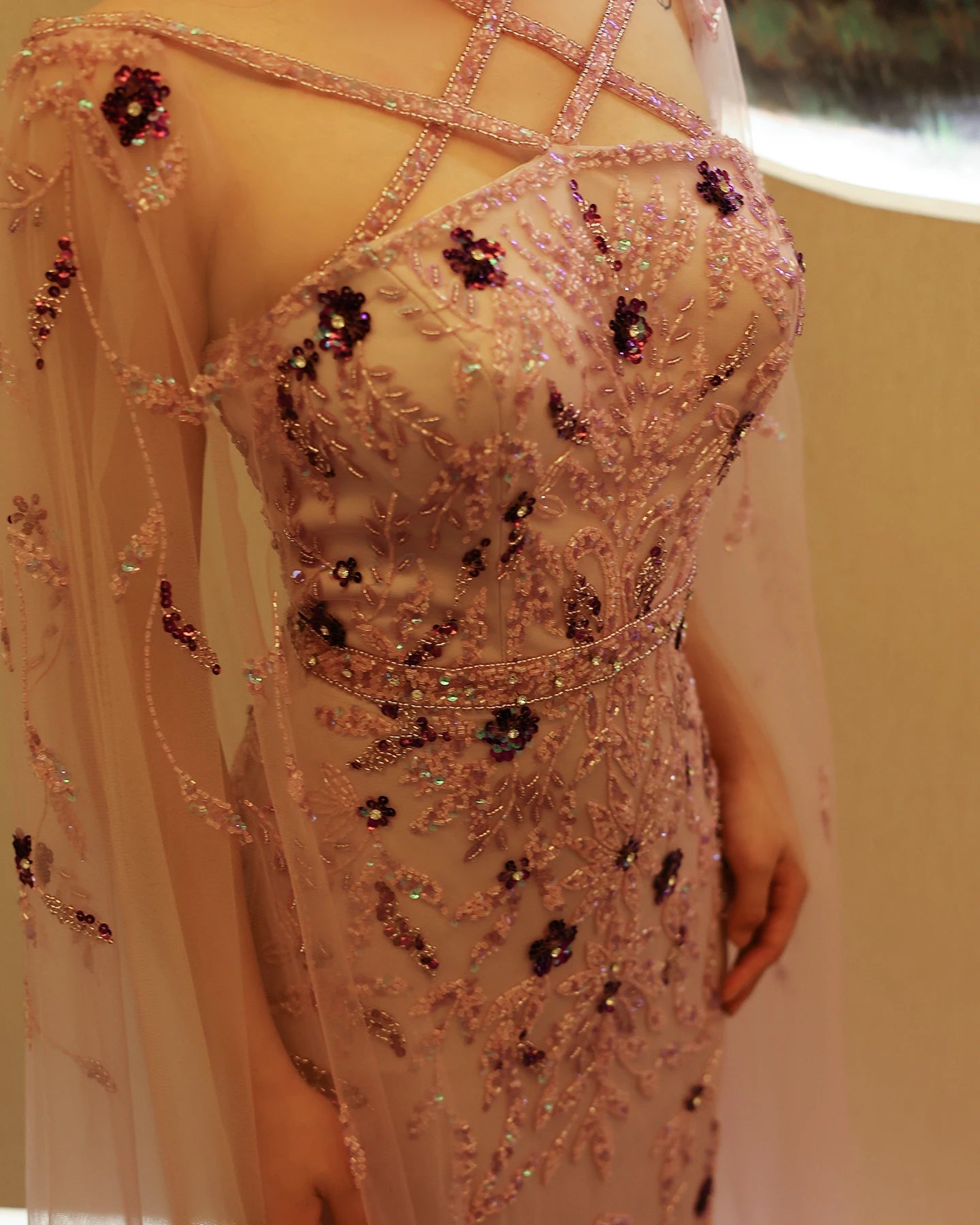 Luxury Lilac Evening Dresses with Cape Sleeves Criss Cross Elegant Arab Women Wedding Party Gowns - Image 13