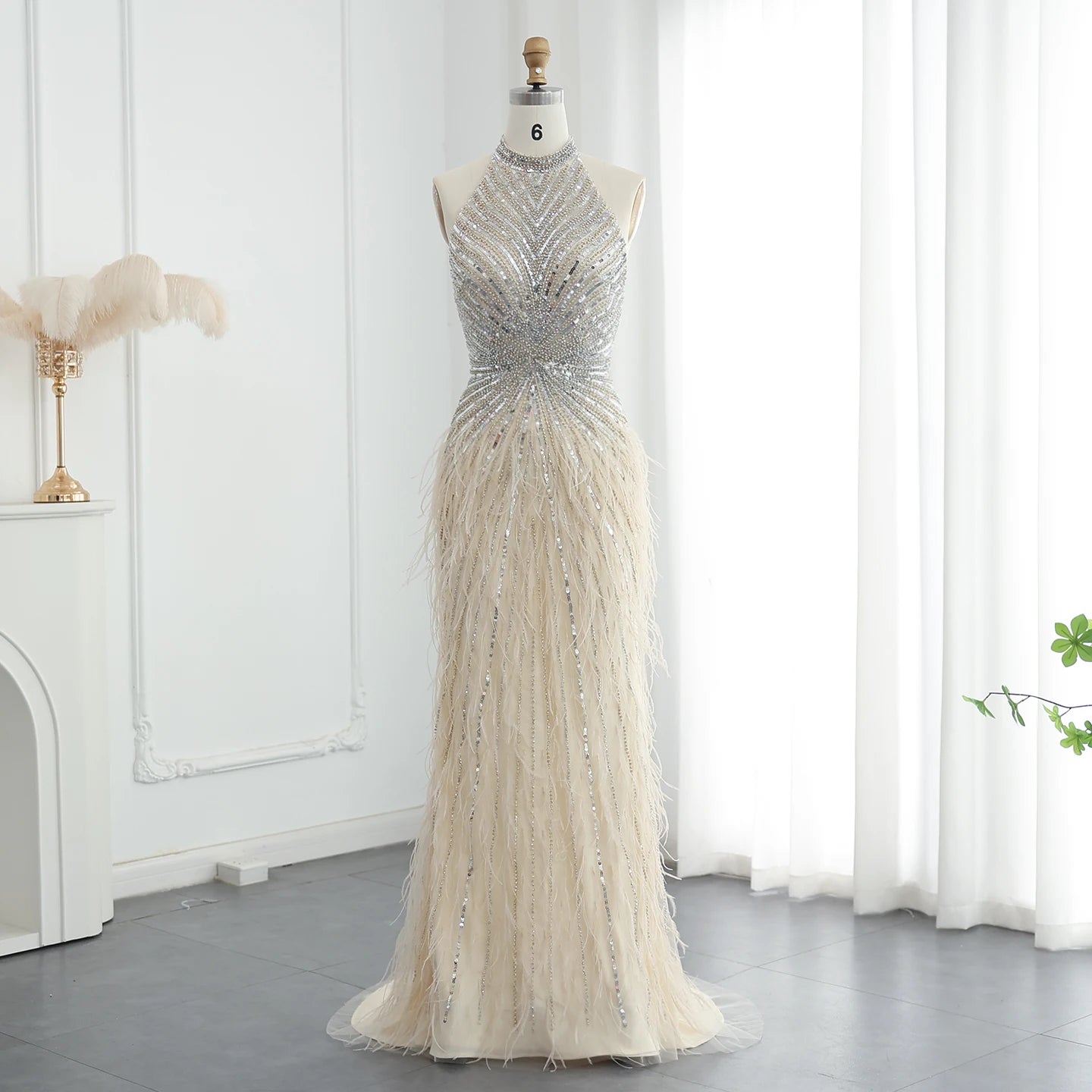 Luxury Beaded Feathers Mermaid Silver Gray Evening Dress Halter Backless Blue Beige Formal Party Gown - Image 12