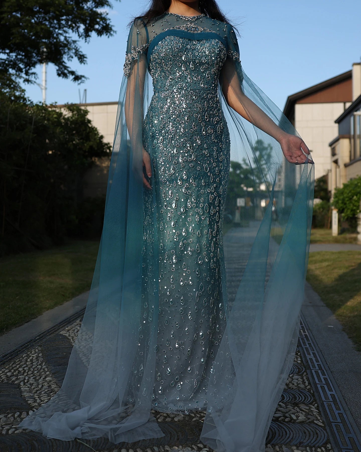 Mermaid Turquoise Crystal Evening Dresses with Cape Sleeves Arabic Women Wedding Party Gowns - Image 11