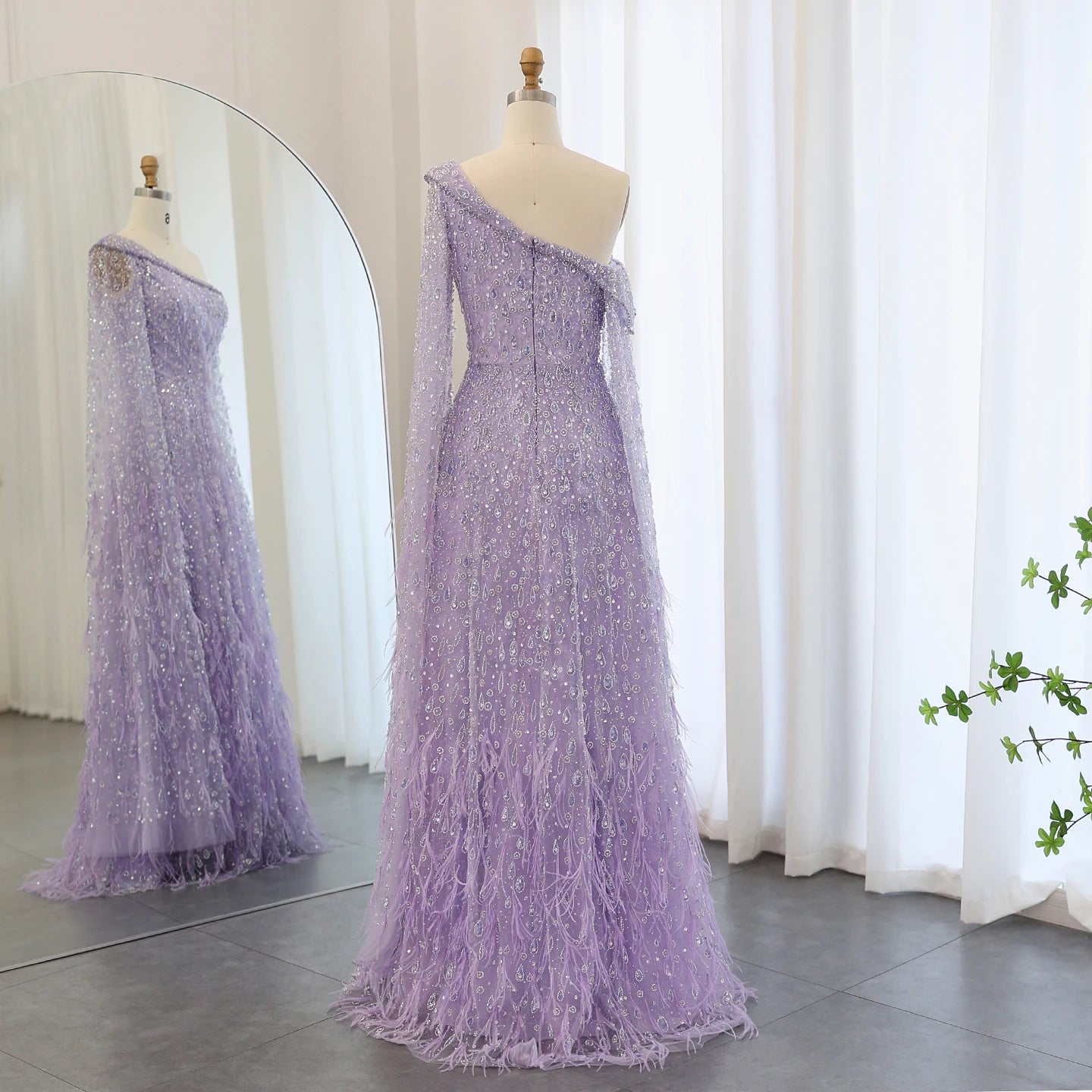 Luxury Feather One Shoulder Evening Dresses with Cape Sleeves Rose Gold Lilac Women Wedding Party Gowns - Image 24