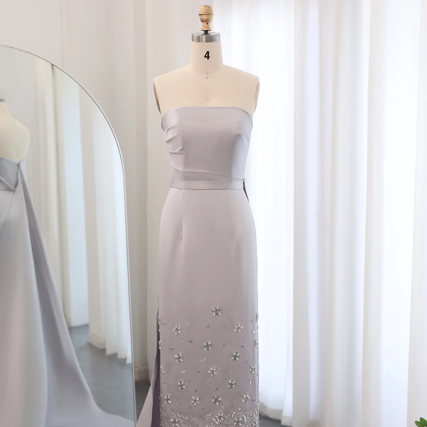 Luxury Crystal Gray Arab Evening Dress for Women Wedding Midi Formal Party Gowns with Train Ankle Length - Image 3