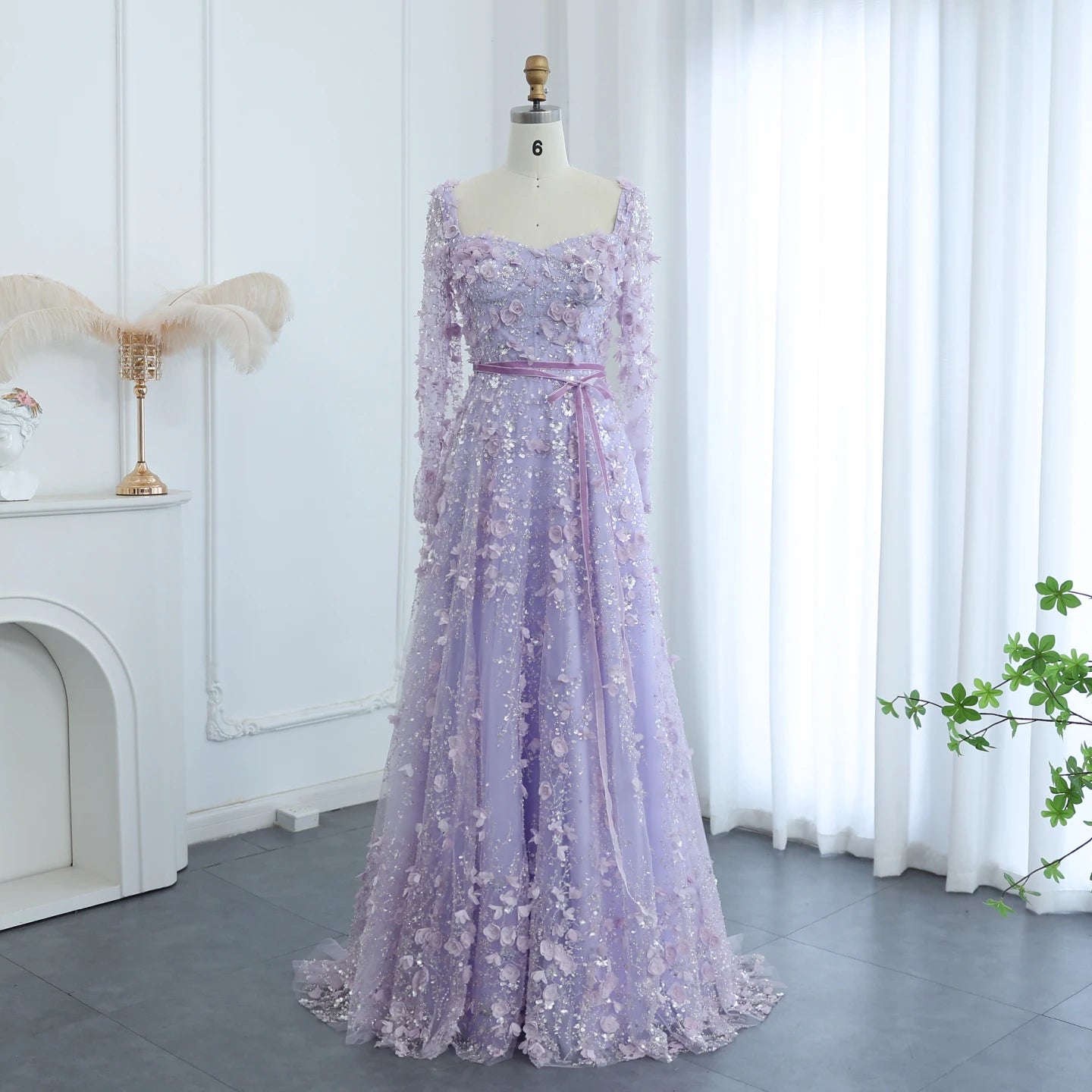 Luxury 3D Flower Gray Long Sleeves Evening Dresses for Women Wedding Party Elegant A-line Formal Gowns - Image 4