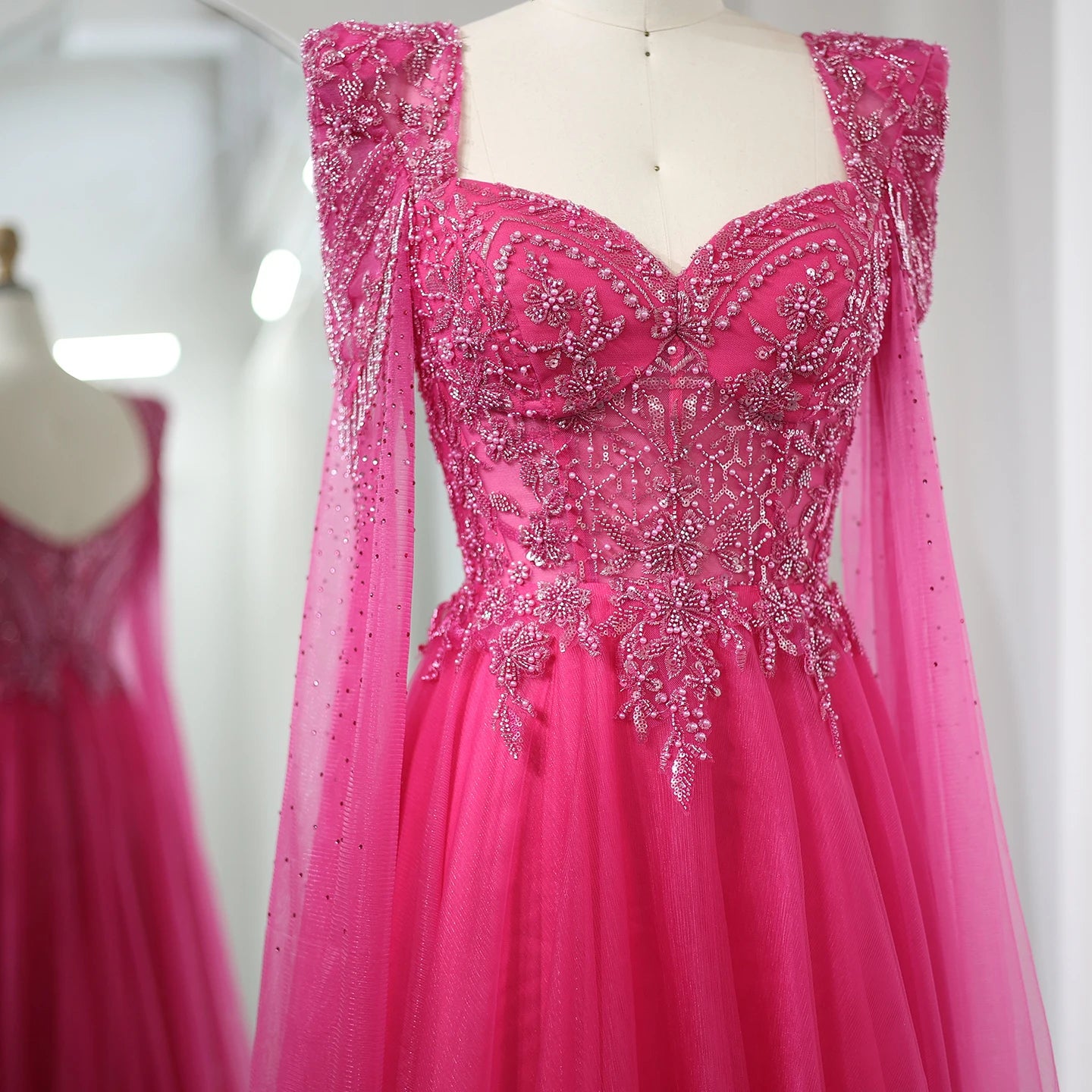 Fuchsia Evening Dress with Cape Sleeves Luxury Beaded Elegant Women Wedding Formal Party Gowns - Image 7