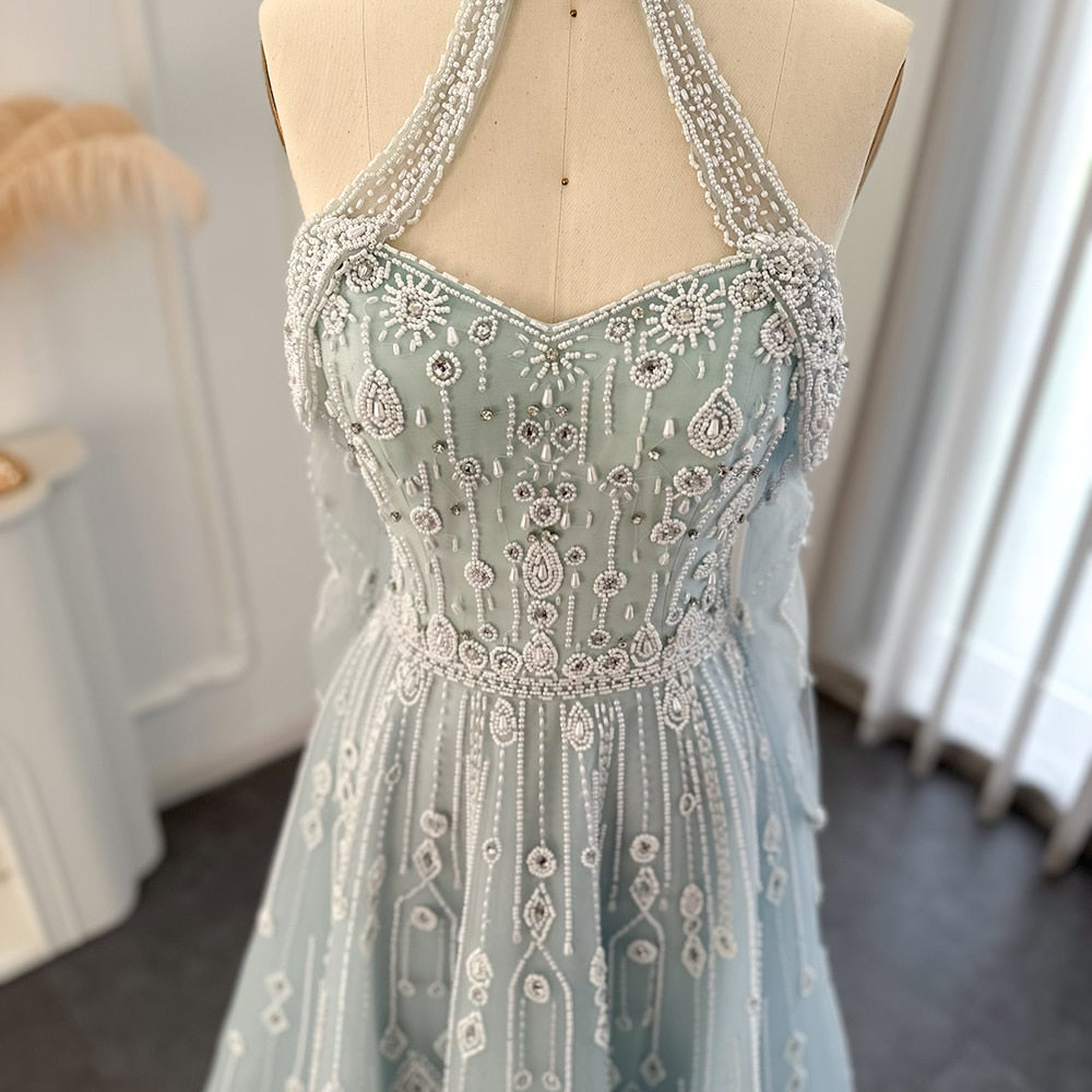 Luxury Light Blue Evening Dress for Wedding Elegant Off Shoulder Beaded Formal Party Gowns - Image 6