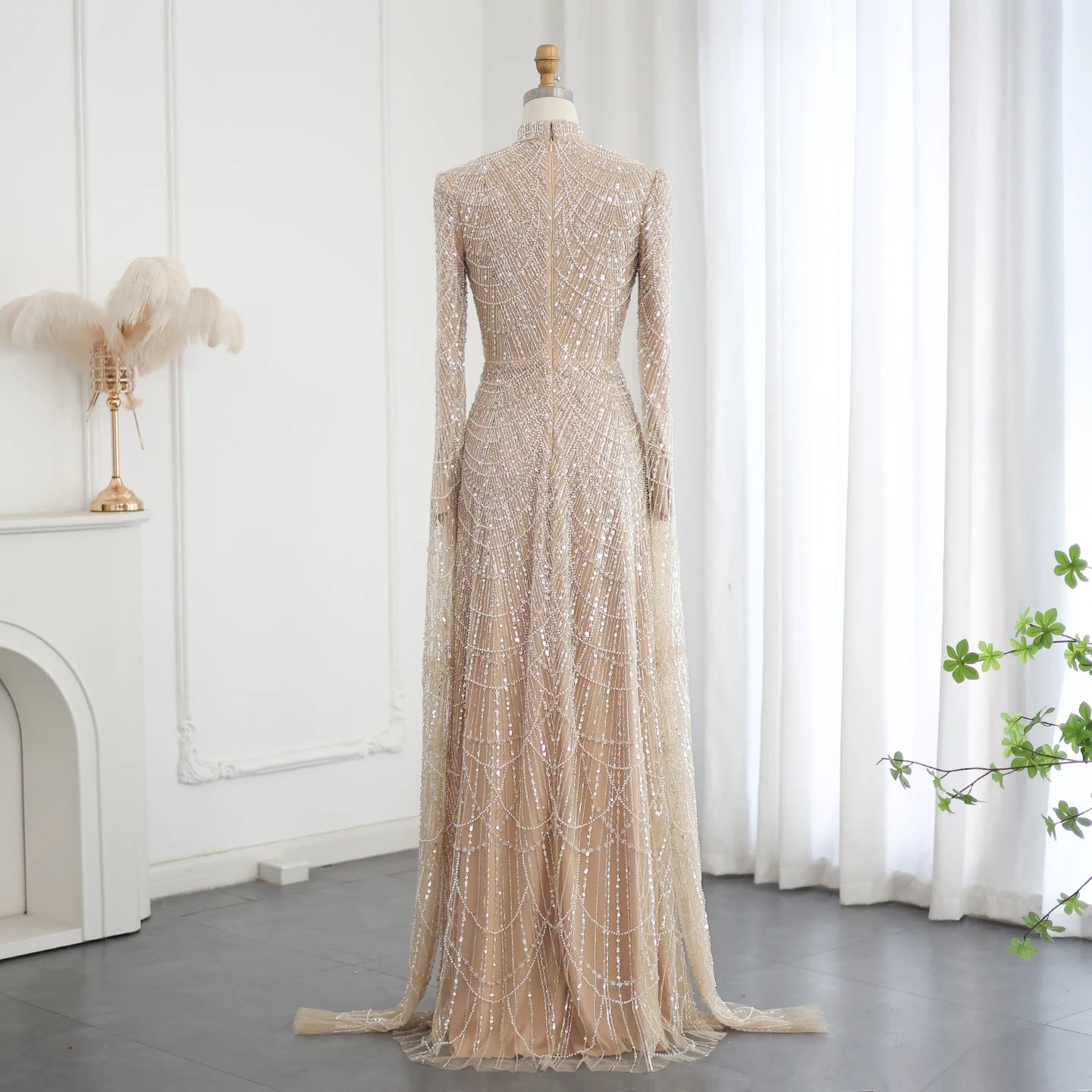 Sage Green Muslim Evening Dresses with Cape Sleeves High Neck for Arabic Women Wedding Party - Image 14