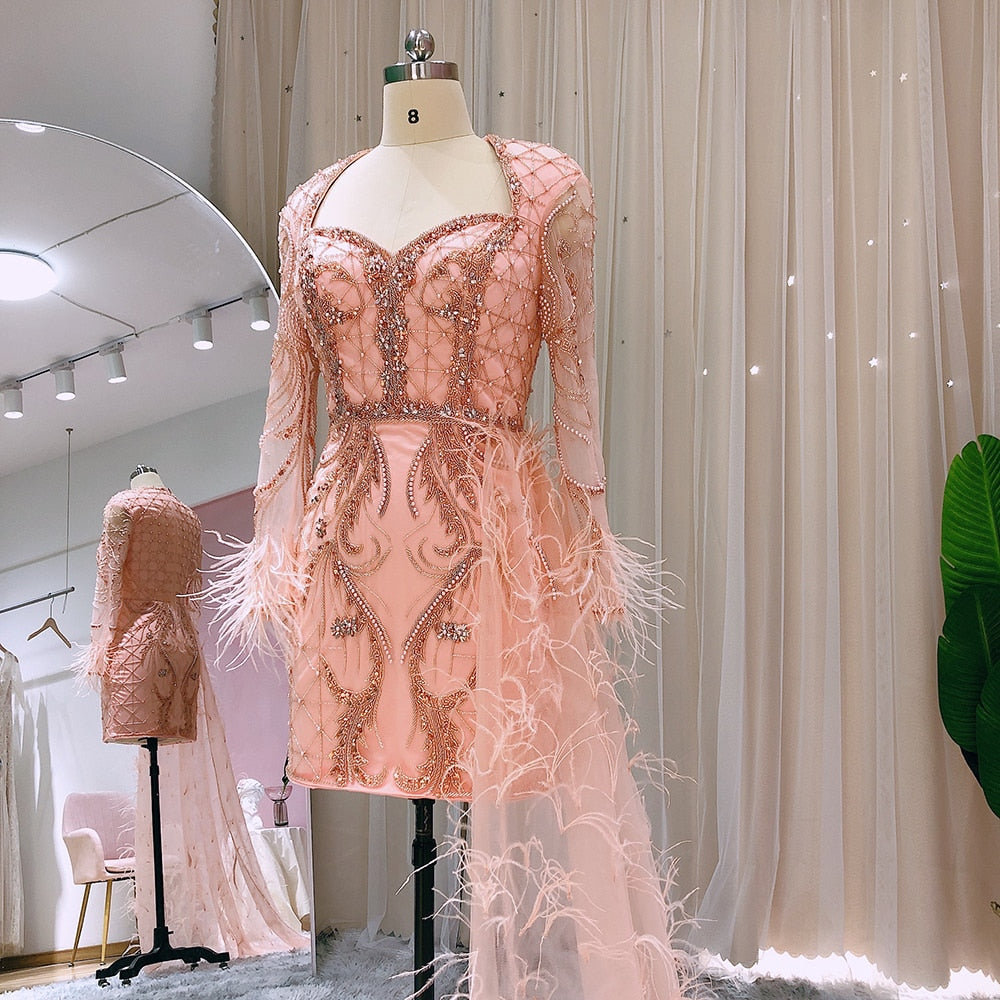 Luxury Coral Short Evening Dresses with Feathers OverSkirt Mini Cocktail Party Dress - Image 8
