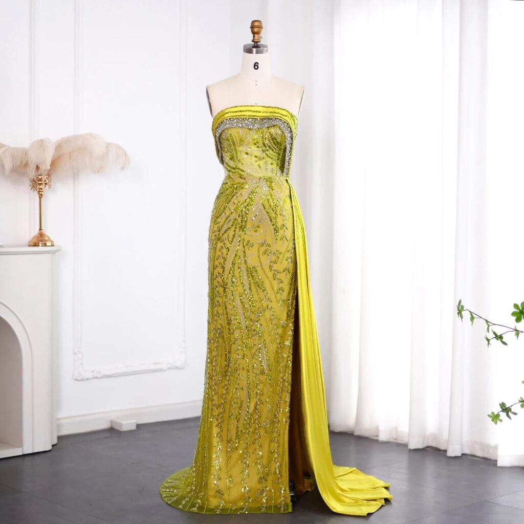 Strapless Lime Long Luxury Evening Dress for Women Wedding Side Slit Fuchsia Prom Party Dress