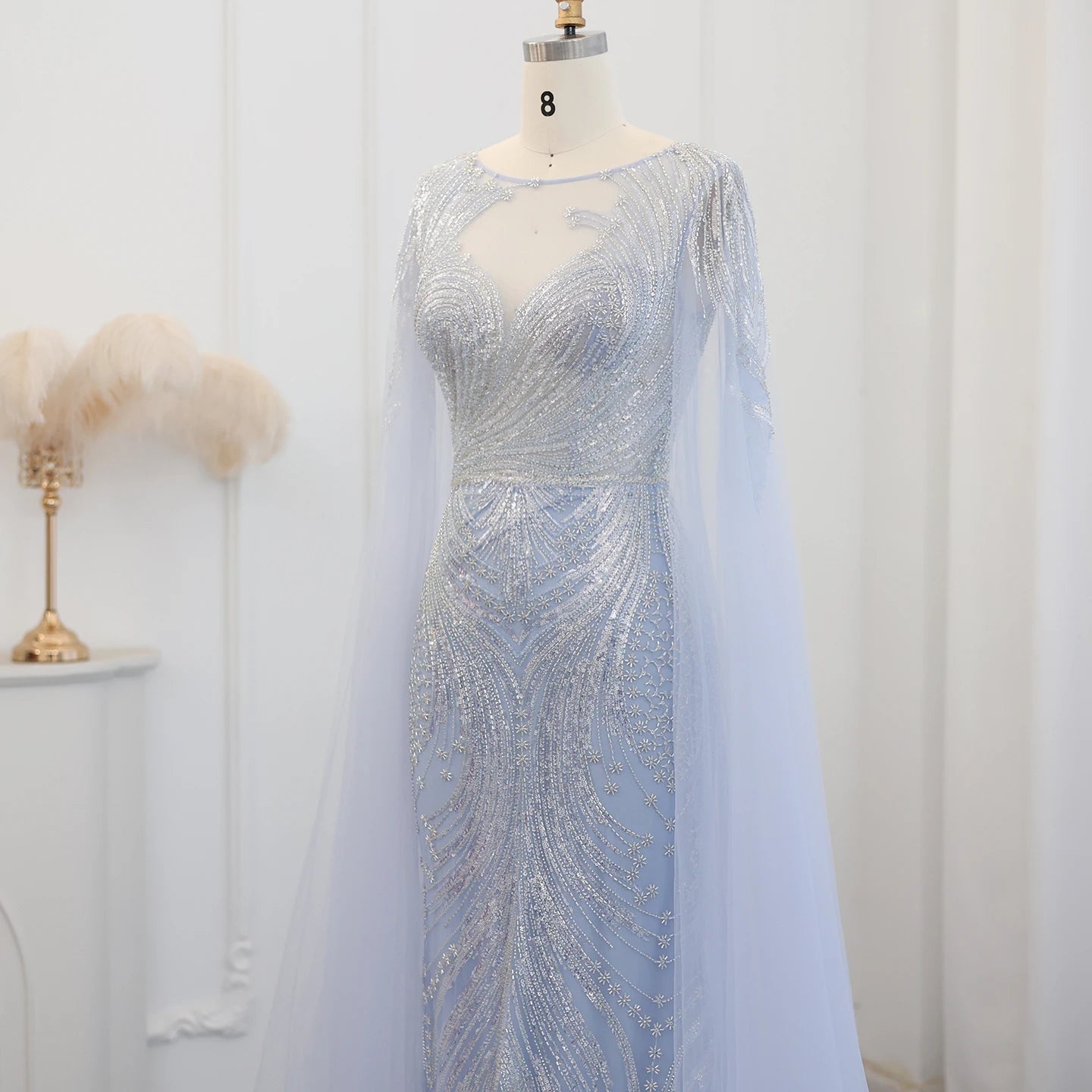 Luxury Blue Mermaid Evening Dress with Cape Sleeves 2024 Sage Green Plus Size Women Wedding Party Gowns - Image 5