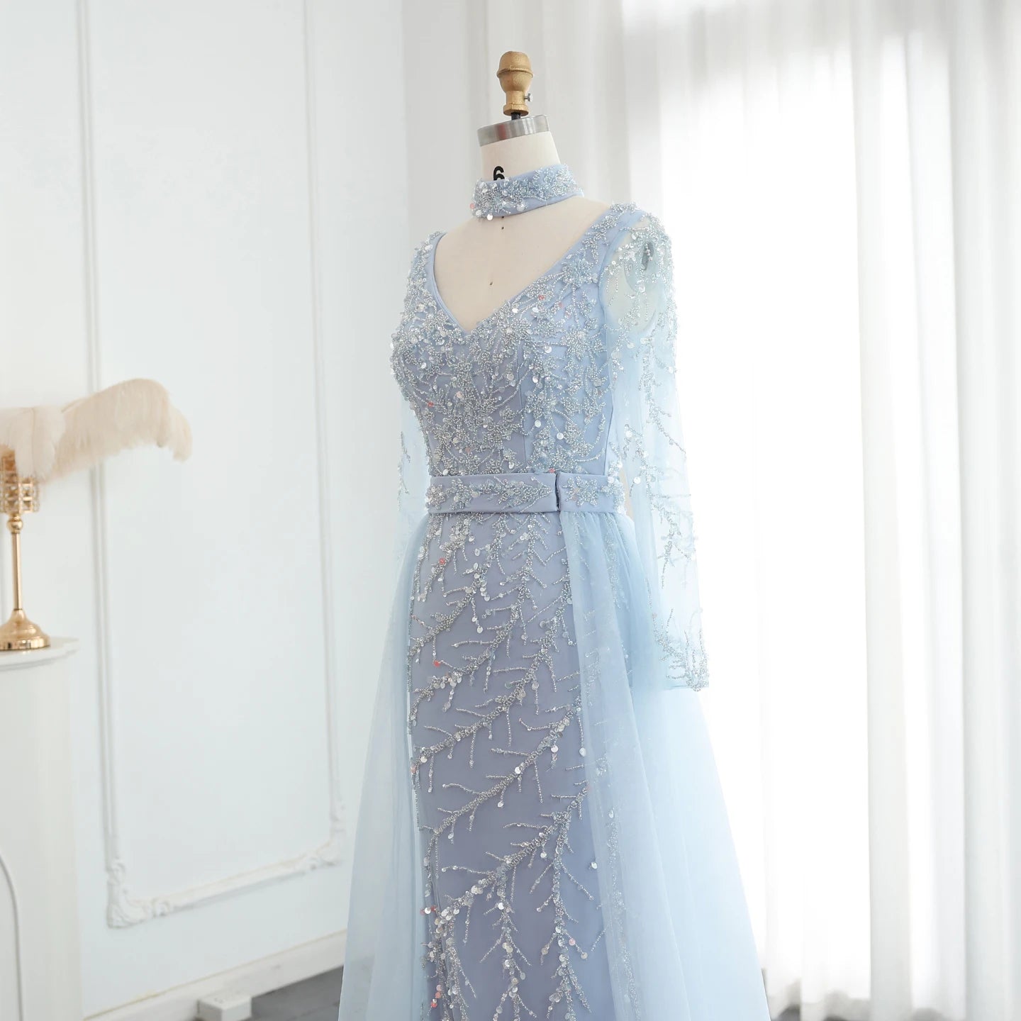 Luxury Beaded Mermaid Evening Dress with Overskirt Long Sleeves Women Wedding Party Gowns - Image 11