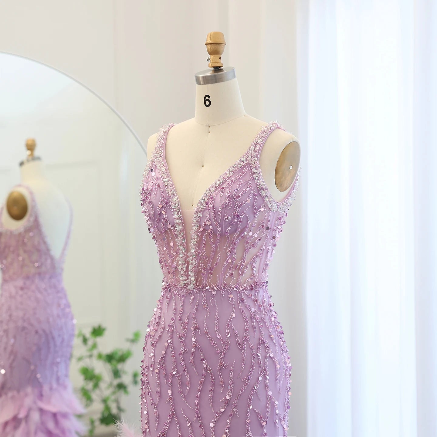 Luxury Feathers Mermaid Evening Dresses for Women Wedding V-Neck Blue Side Slit Long Prom Party Dress - Image 13