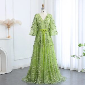 Sexy Plunging V-neck Green 3D Embroidered Flowers Evening Dresses for Women Wedding Party Gowns