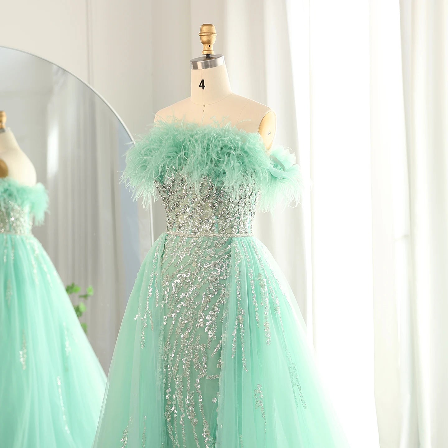 Luxury Feathers Lilac Evening Dress with Overskirt Side Slit Blue Green Women Wedding Party Gowns - Image 7