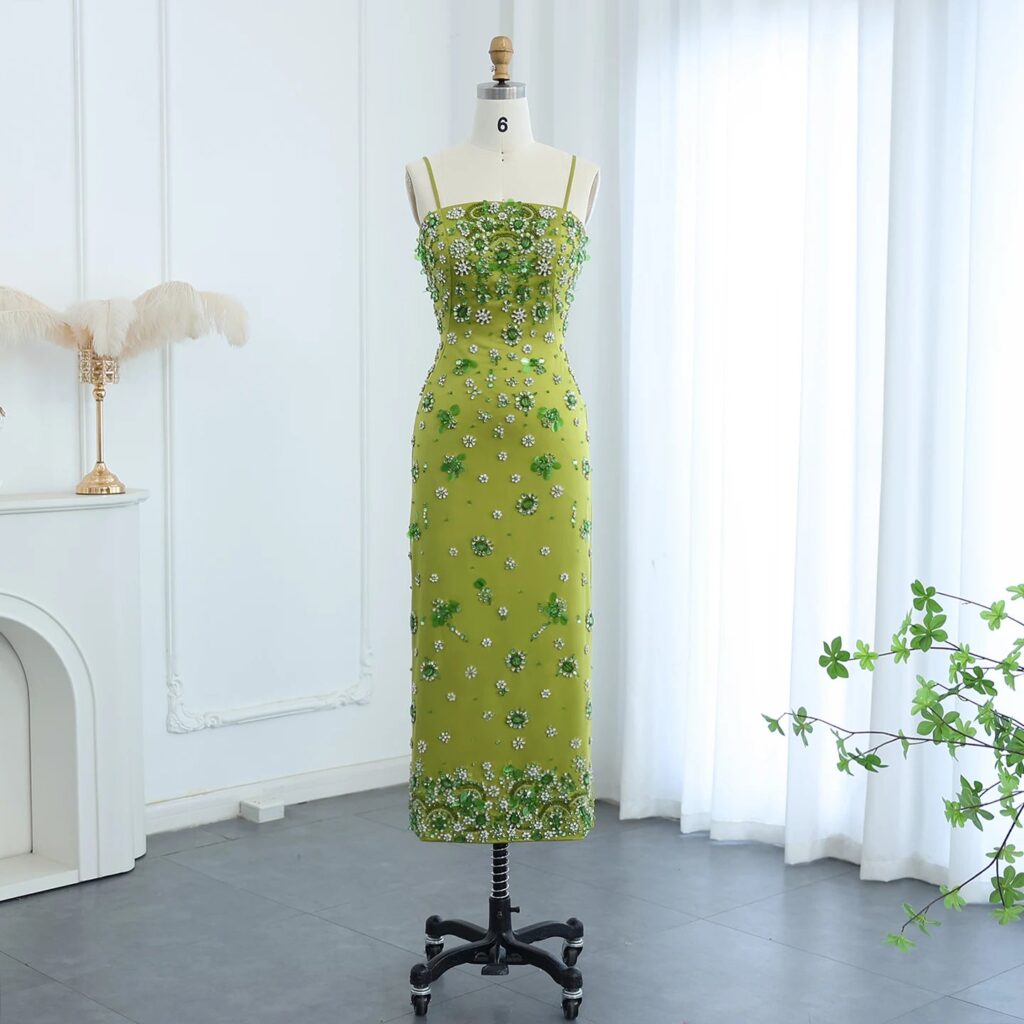 Luxury 3D Floral Beaded Short Green Evening Dress with Spaghetti Straps Sheath Midi Women Wedding Party Gowns