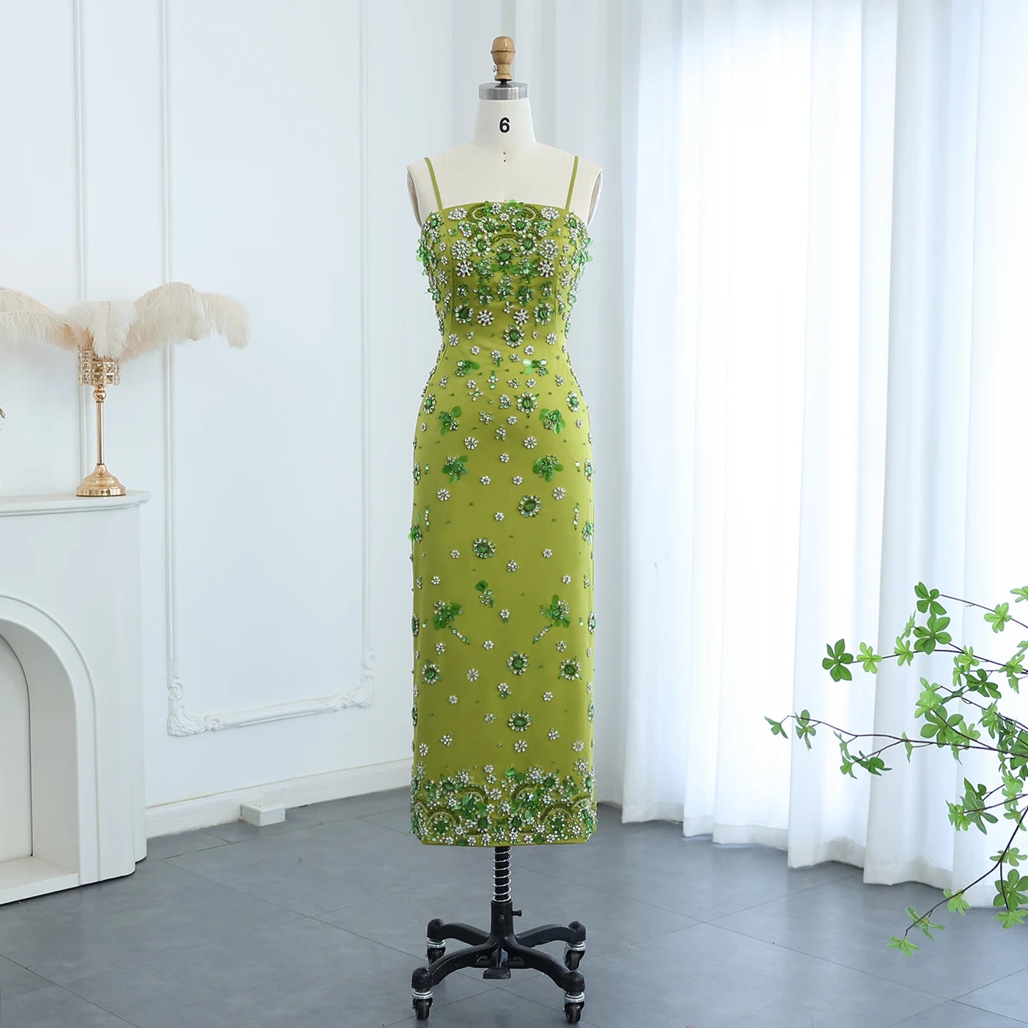 Luxury 3D Floral Beaded Short Green Evening Dress with Spaghetti Straps Sheath Midi Women Wedding Party Gowns