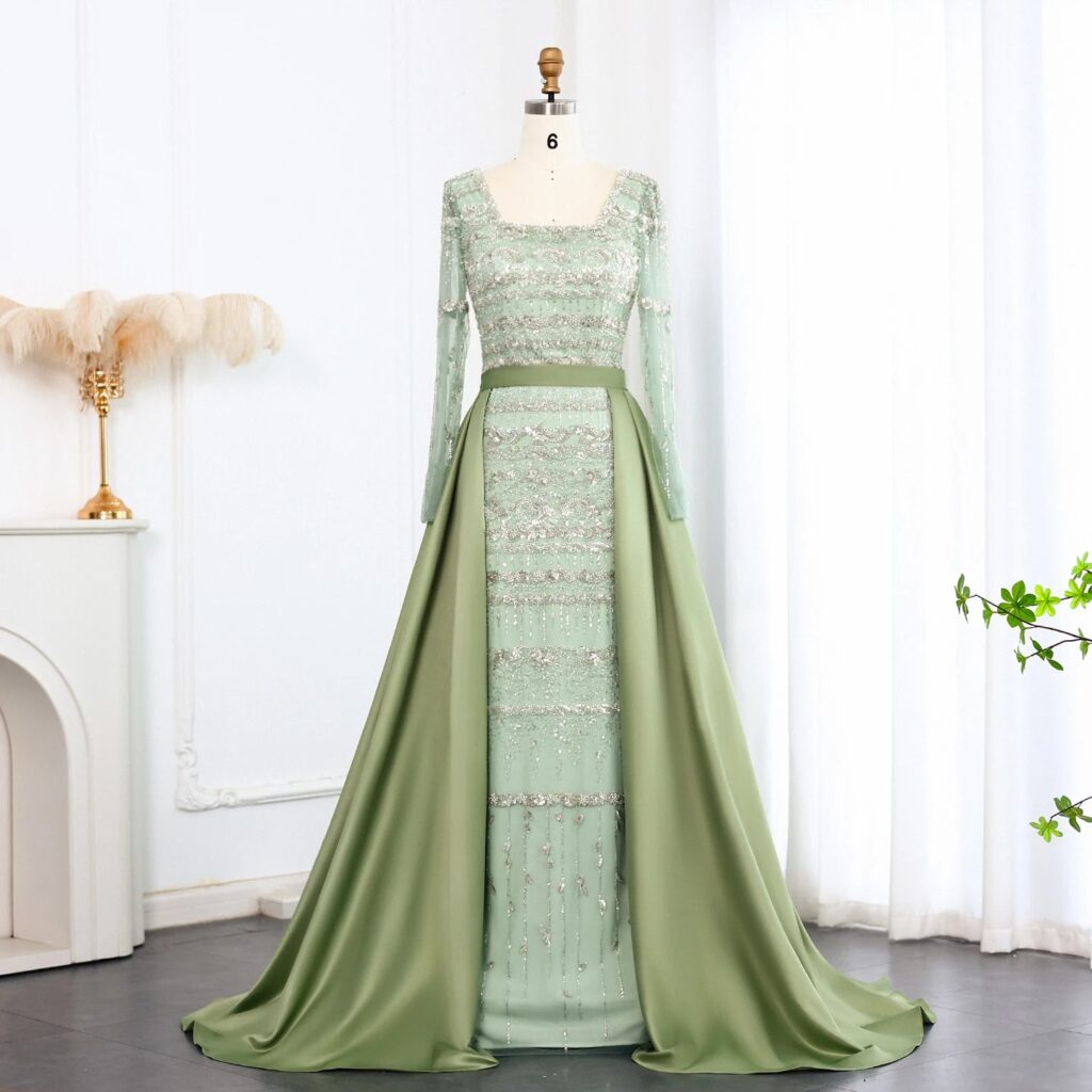 Elegant Sage Green Luxury Evening Dress with Detachable Overskirt Long Sleeves Muslim Formal Party Gown