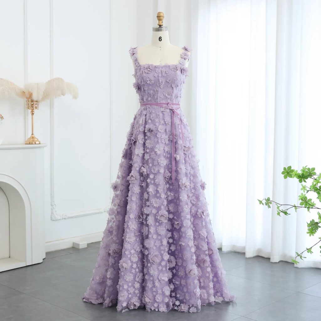 Chic Lilac 3D Embroidered Flowers Evening Dress for Women Wedding High Slit Long Formal Birthday Party Gowns