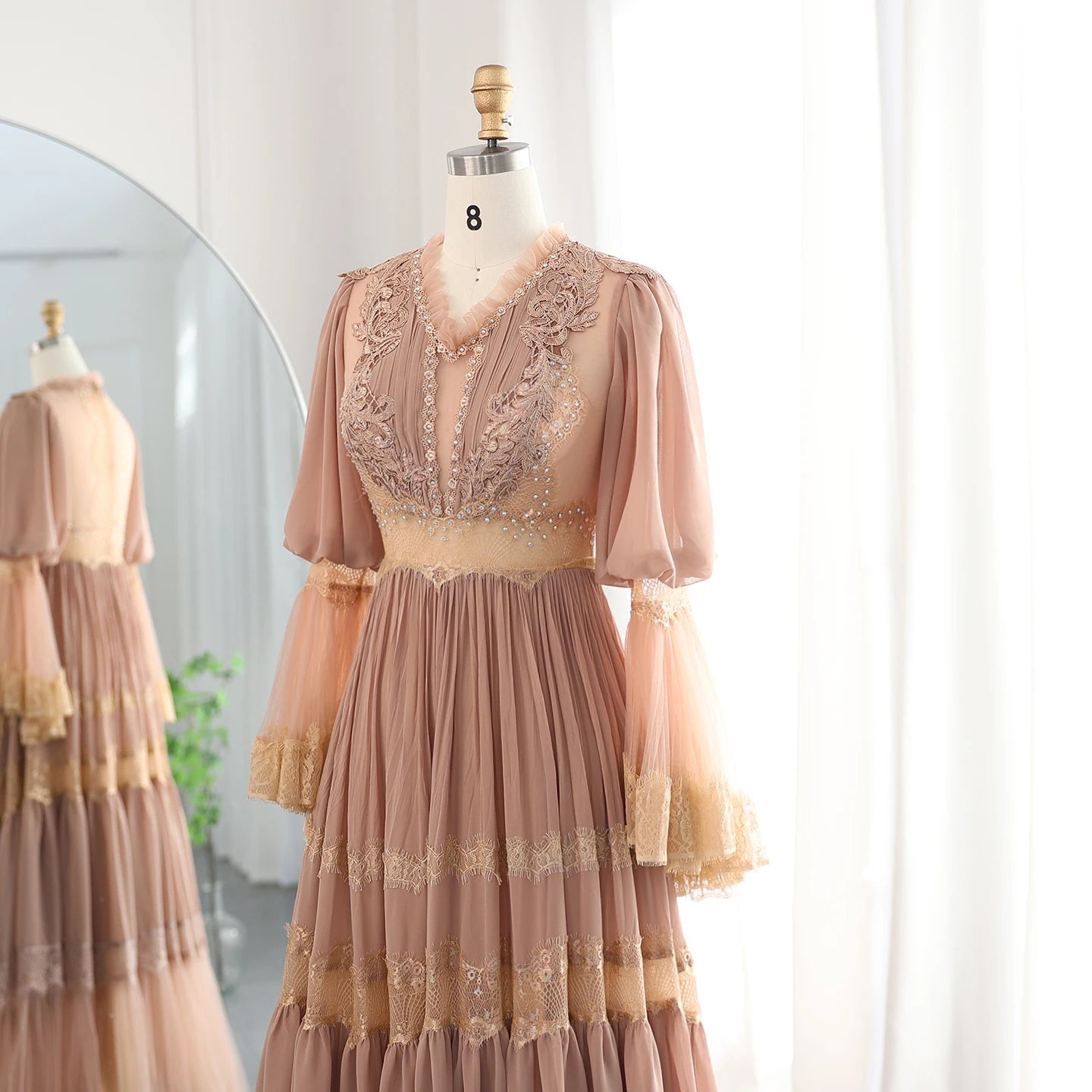 Elegant Peach Lace Evening Dress Luxury Long Sleeves Wedding Party Gowns - Image 4