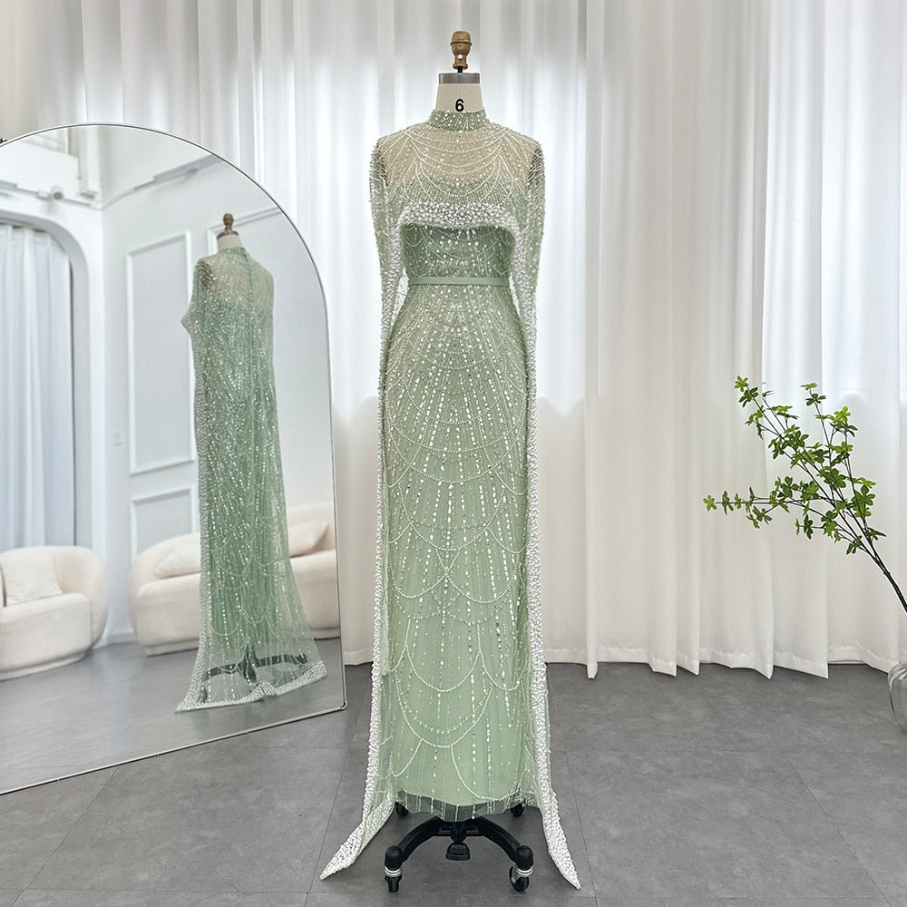 Luxury Pearls Champagne Evening Dresses with Cape Women Mermaid Wedding Party Prom Dress - Image 27