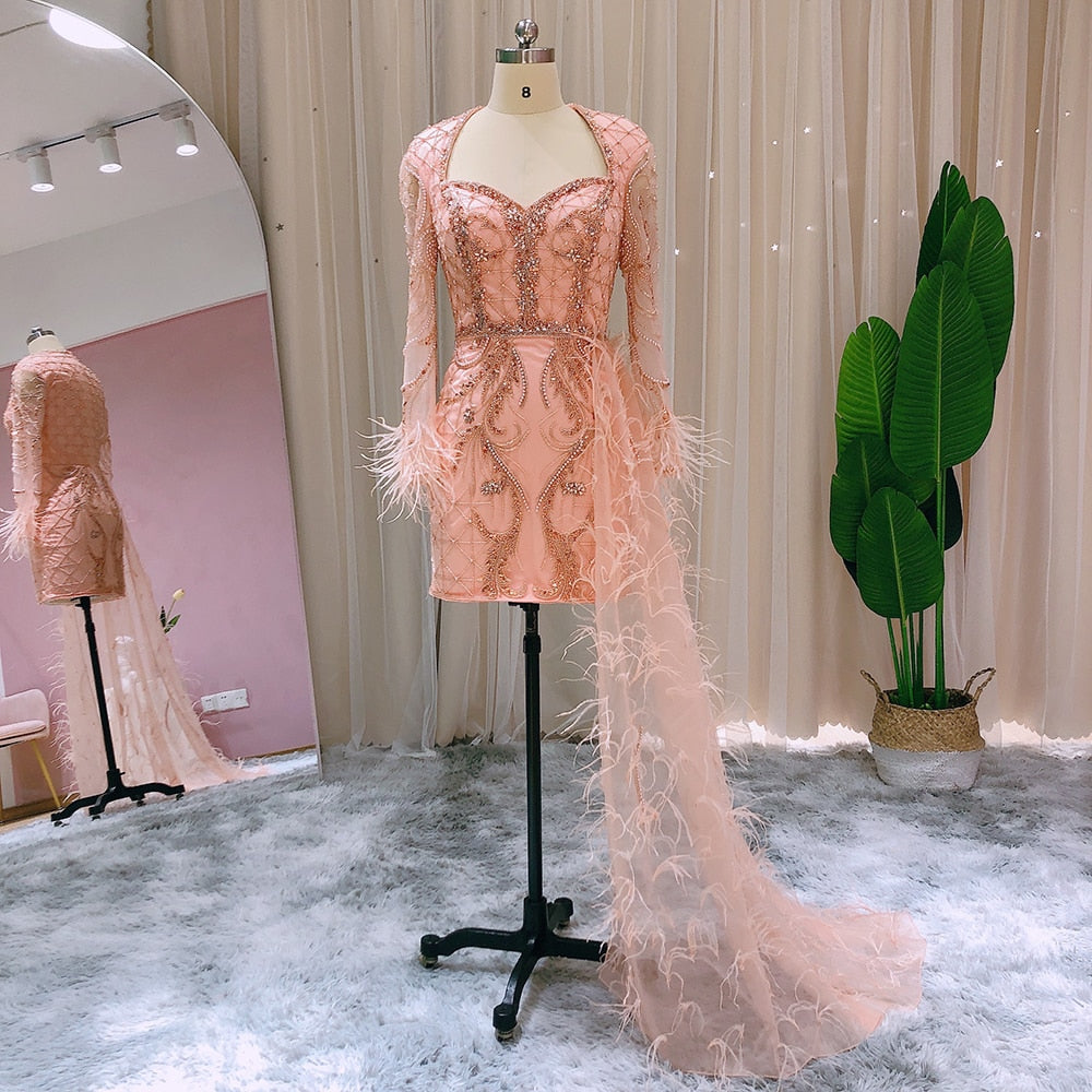 Luxury Coral Short Evening Dresses with Feathers OverSkirt Mini Cocktail Party Dress - Image 5