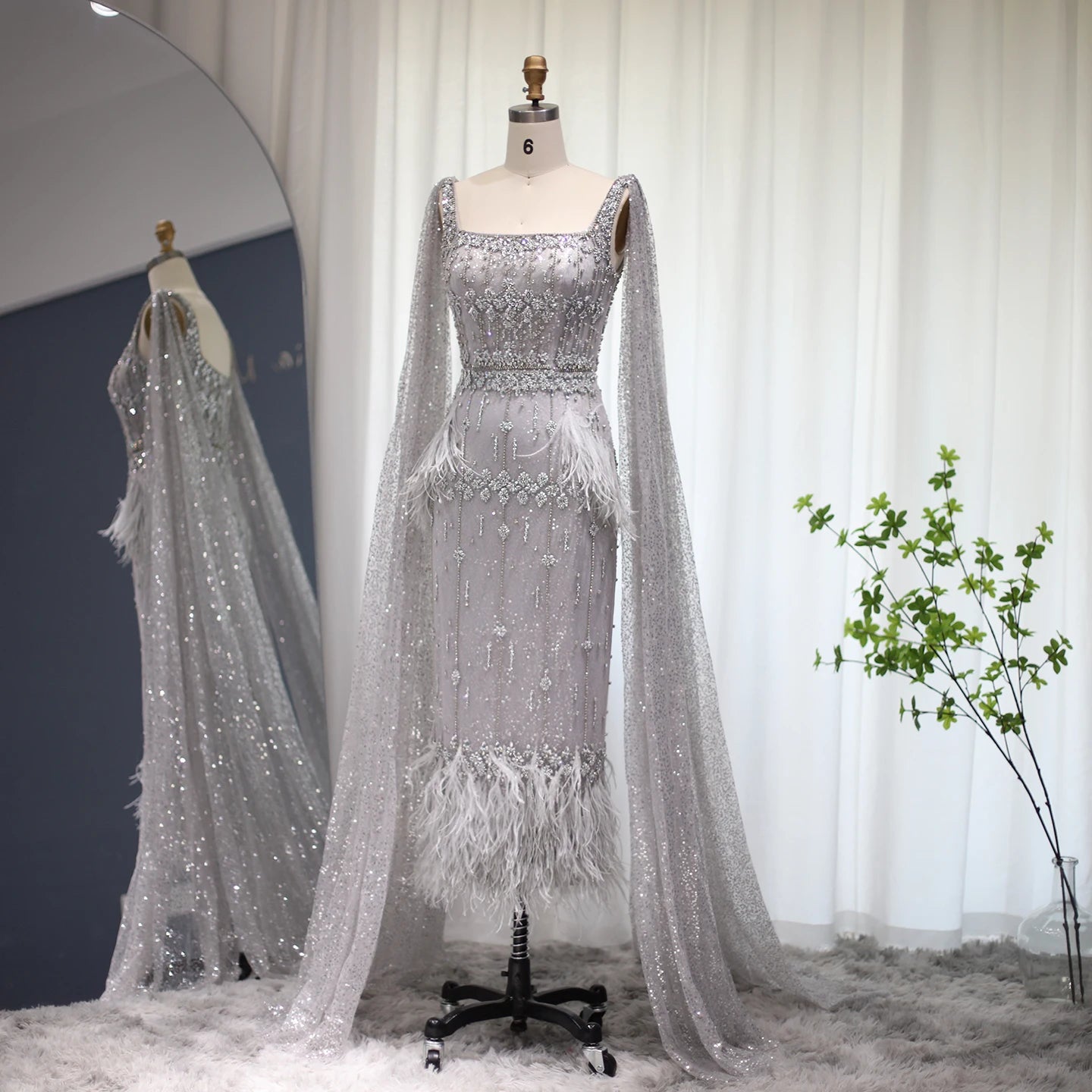 Mermaid Evening Dress with Cape Luxury Feather Formal Dresses for Women Wedding Party - Image 9