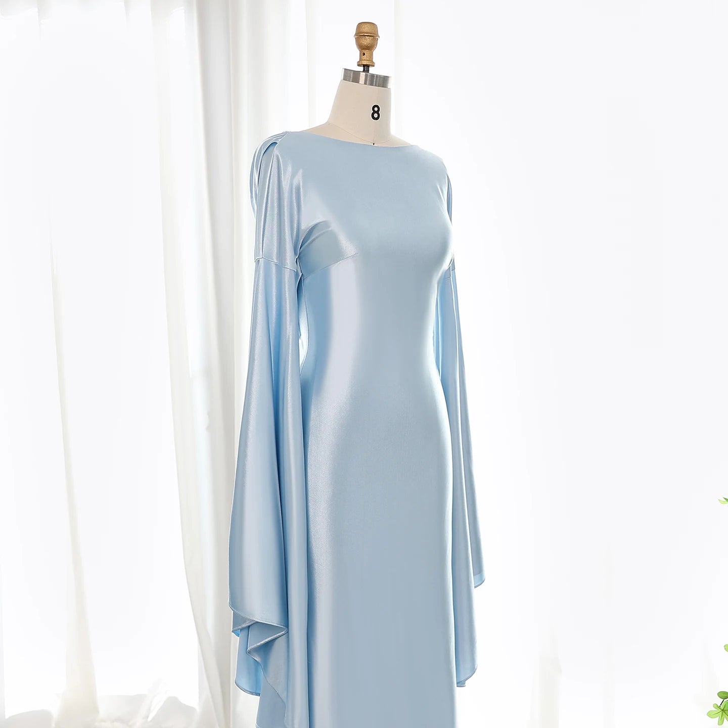 Light Blue Mermaid Evening Dress with Flare Long Sleeves Criss Cross Women Wedding Party Gowns - Image 5