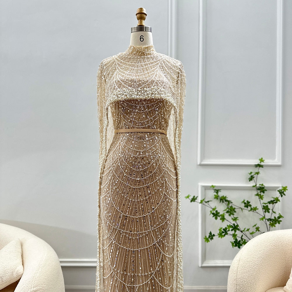Luxury Pearls Champagne Evening Dresses with Cape Women Mermaid Wedding Party Prom Dress - Image 19
