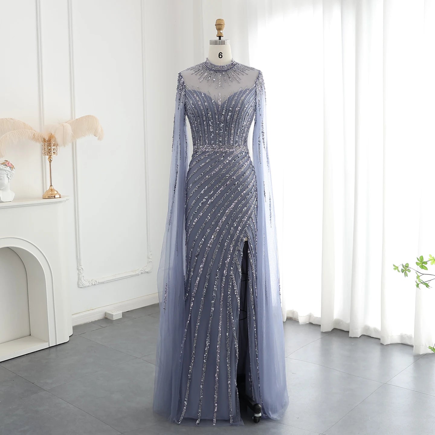 Luxury Beaded Mermaid Nude Evening Dress with Cape Sleeve One Shoulder Side Slit Women Wedding Party Gown - Image 8