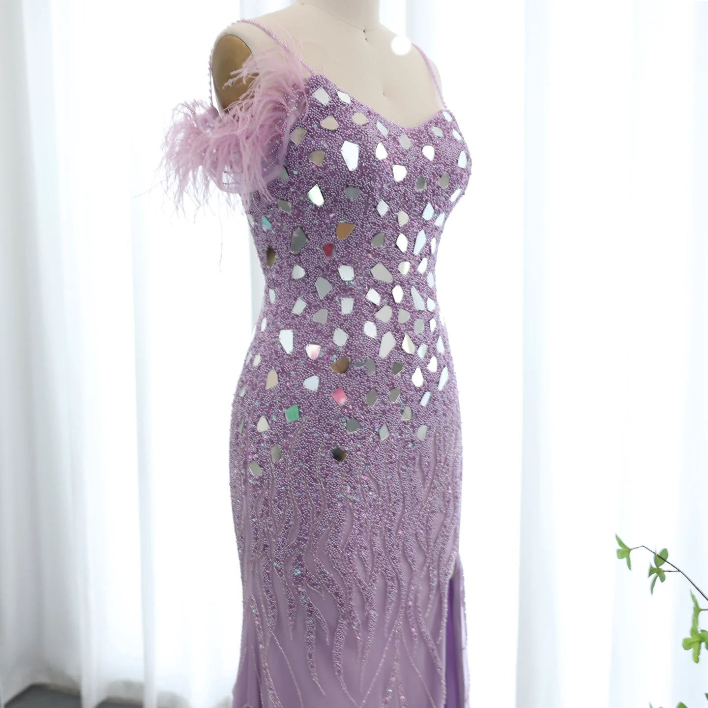 Luxury Beaded Feather Mermaid Silver Nude Evening Dress for Women Wedding Party Elegant Dubai Formal Prom Gown - Image 22