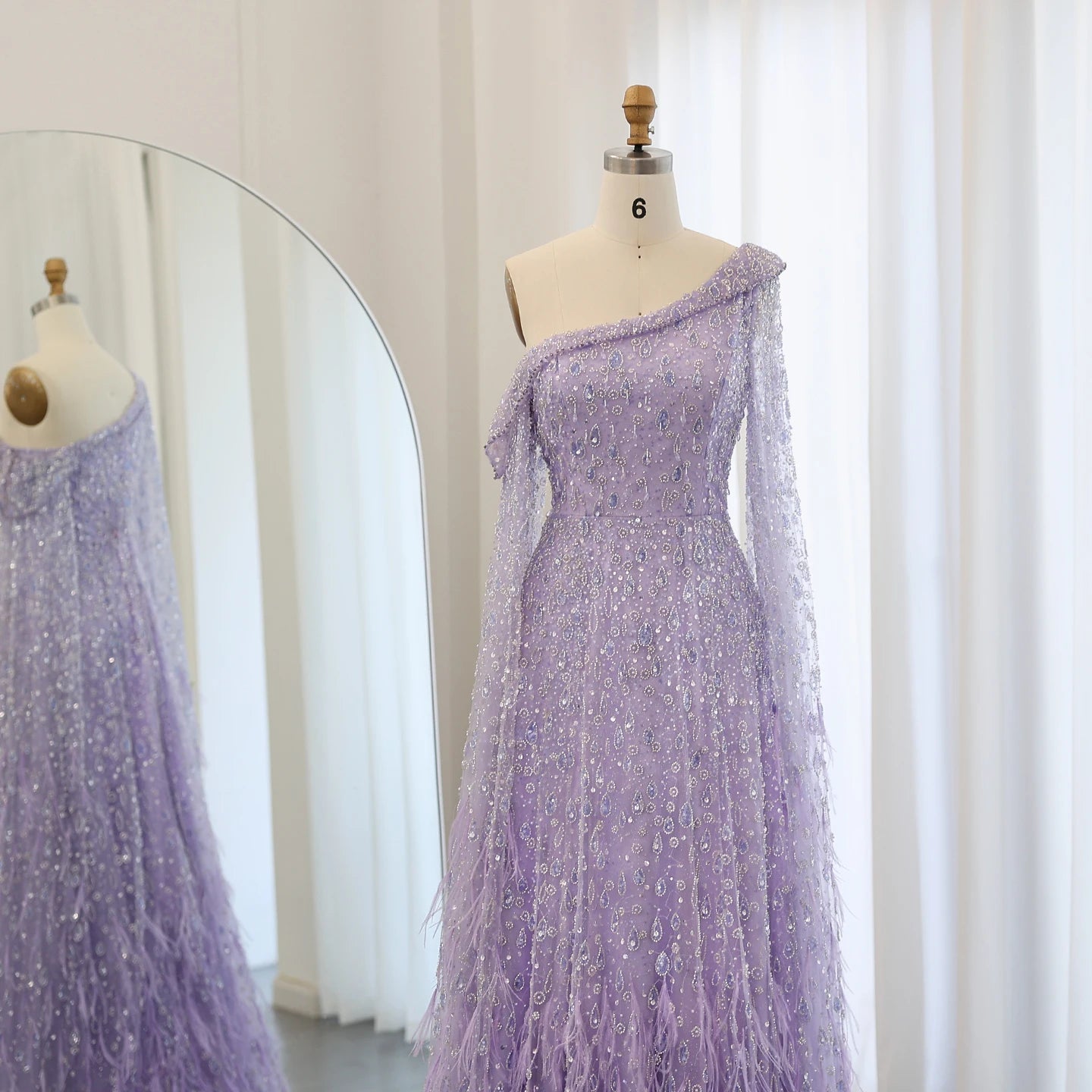 Luxury Feather One Shoulder Evening Dresses with Cape Sleeves Rose Gold Lilac Women Wedding Party Gowns - Image 20