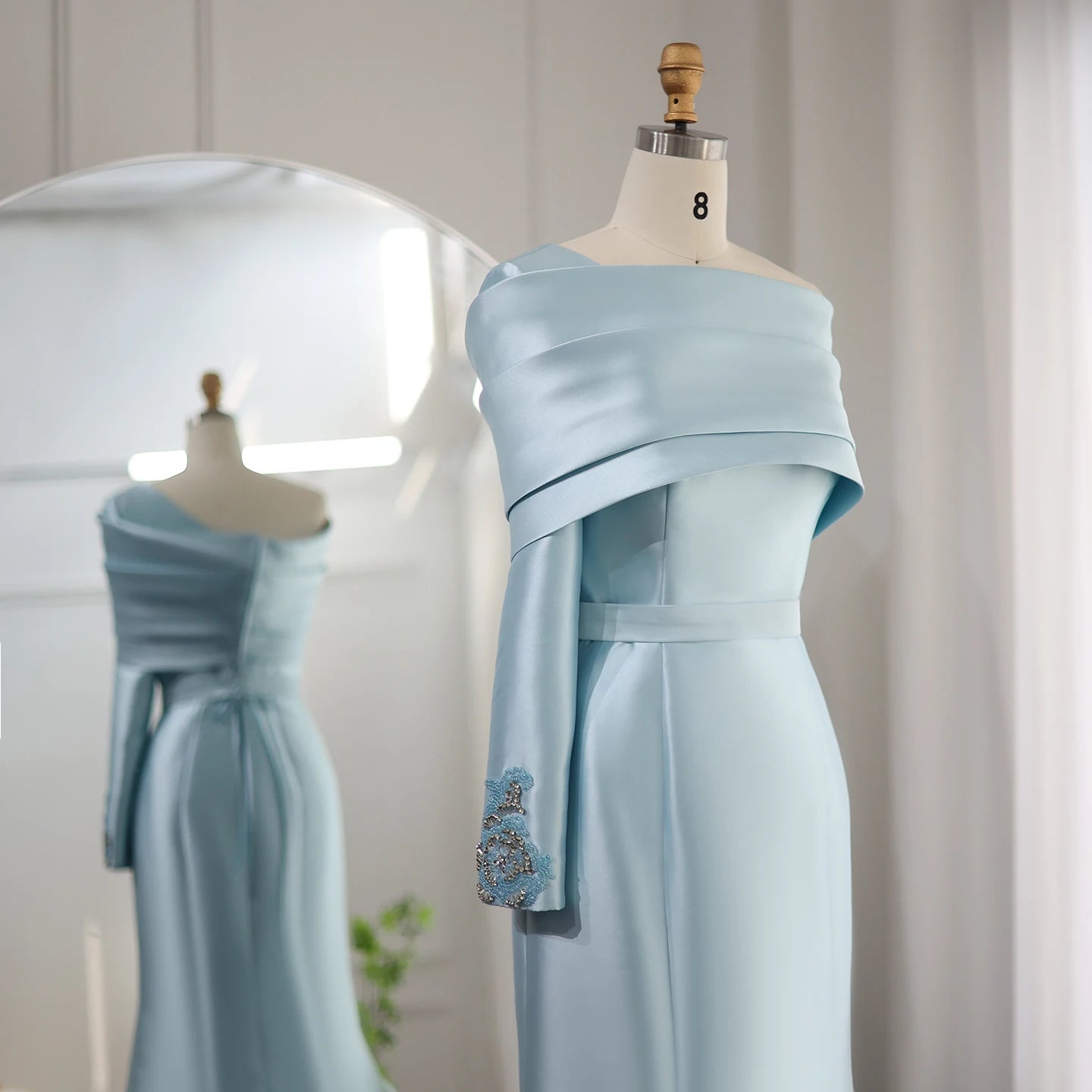 One Shoulder Mermaid Evening Dress with Cape Baby Blue Beaded Luxury Wedding Party Dress - Image 5
