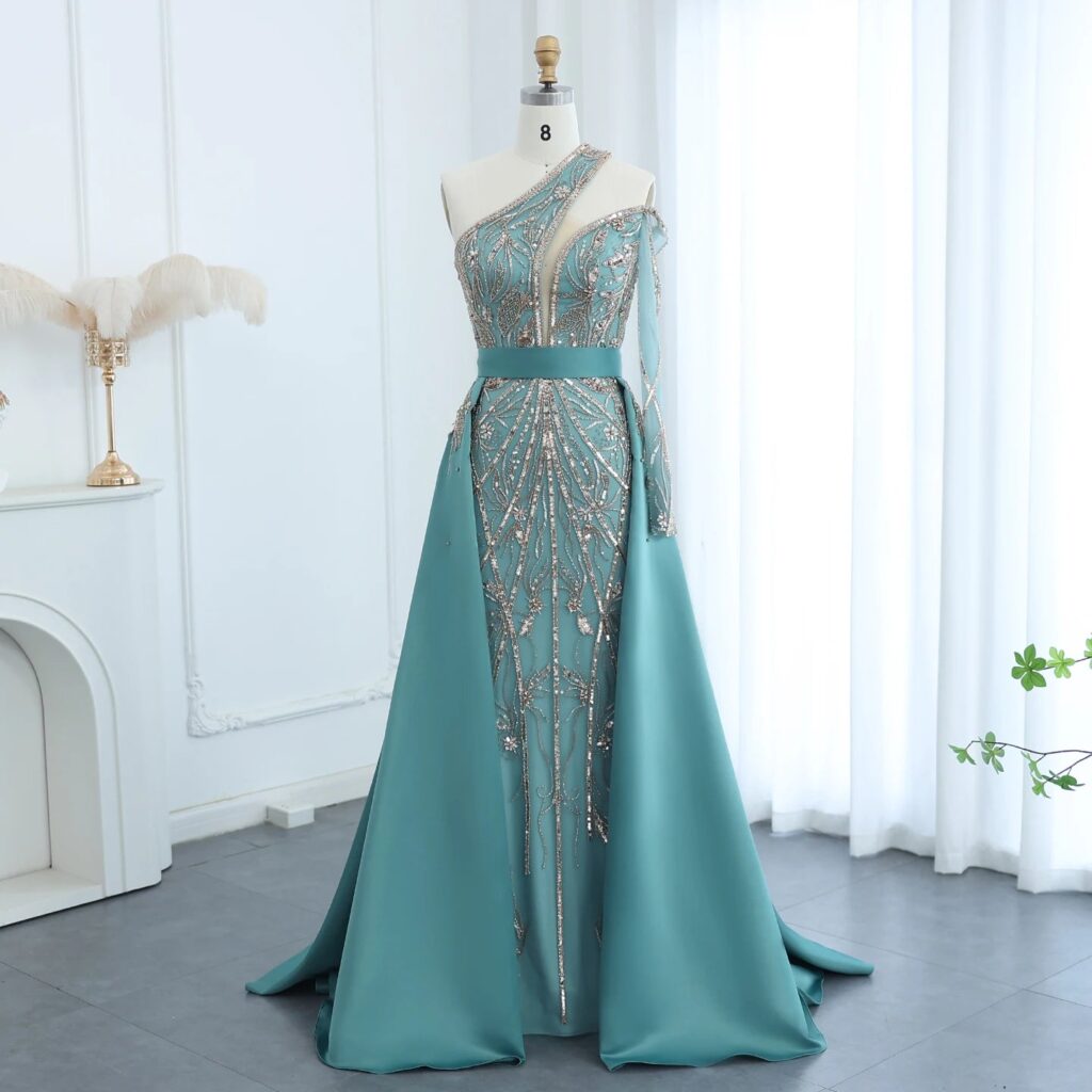 Luxury Beads One Shoulder Turquoise Evening Dress with Overskirt Women Wedding Party Gown