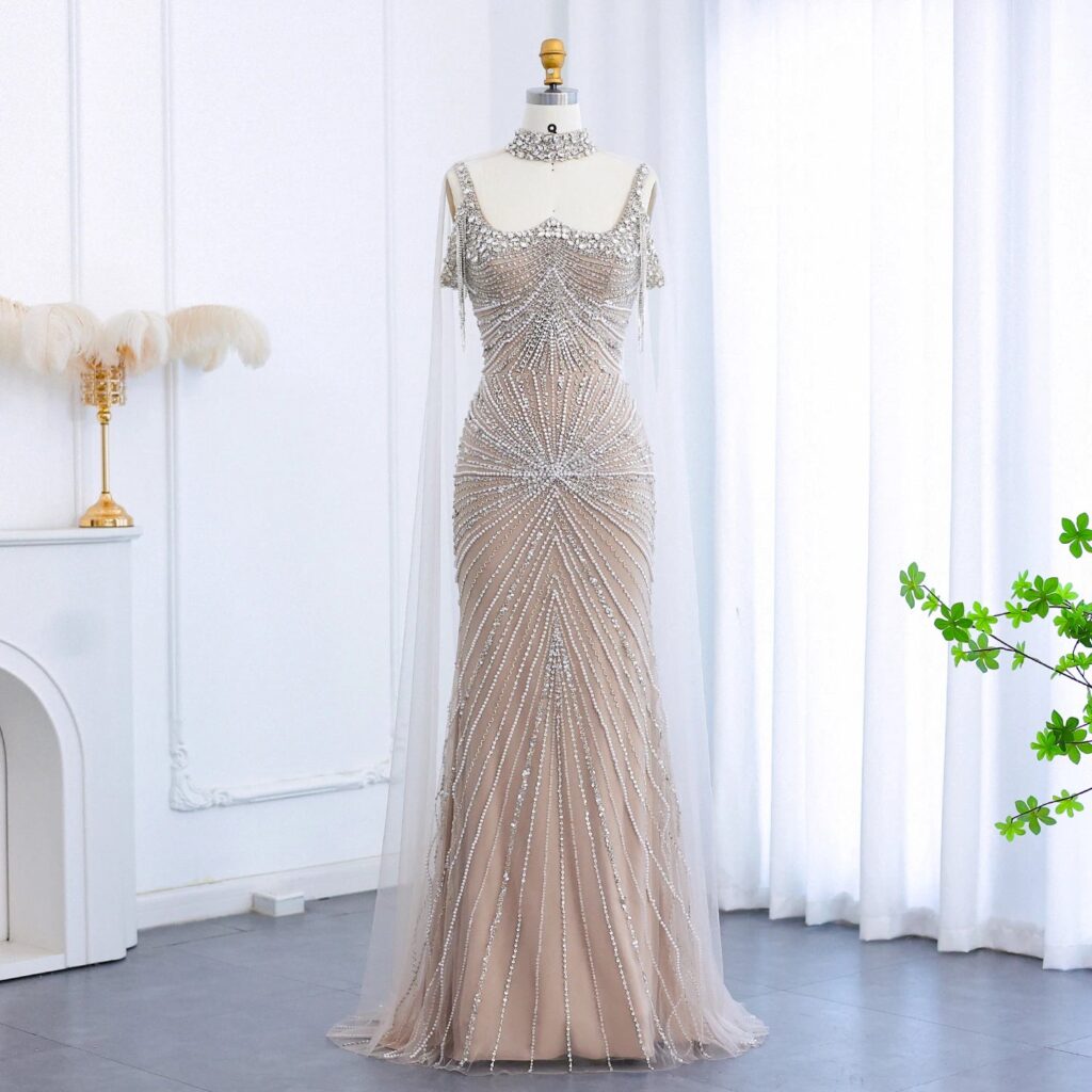 Luxury Tassel Silver Nude Mermaid Evening Dress with Cape Chocker Party Gowns for Wedding