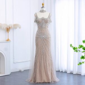 Luxury Tassel Silver Nude Mermaid Evening Dress with Cape Chocker Party Gowns for Wedding