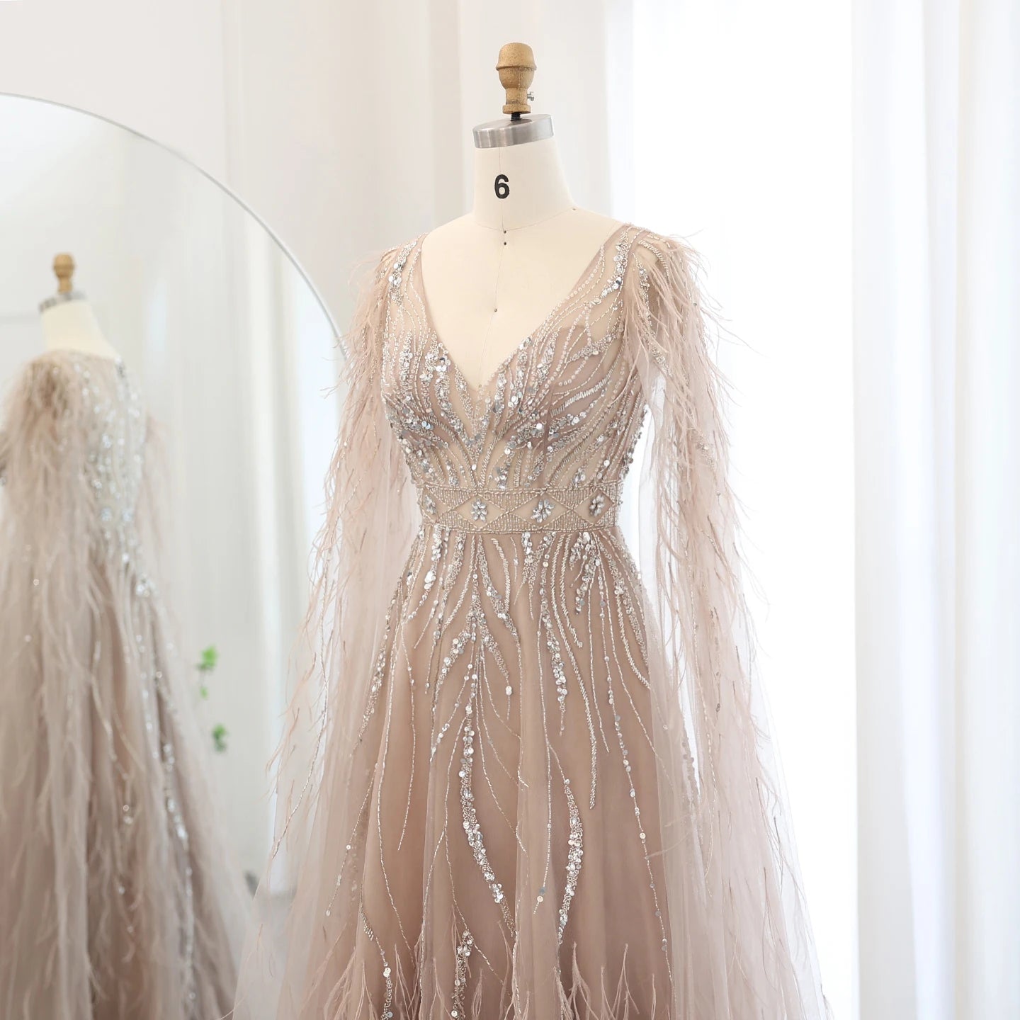 Luxury Feathers Nude A-line Evening Dresses with Cape Sleeves V-Neck Lilac Arabic Women Wedding Party Dress - Image 6