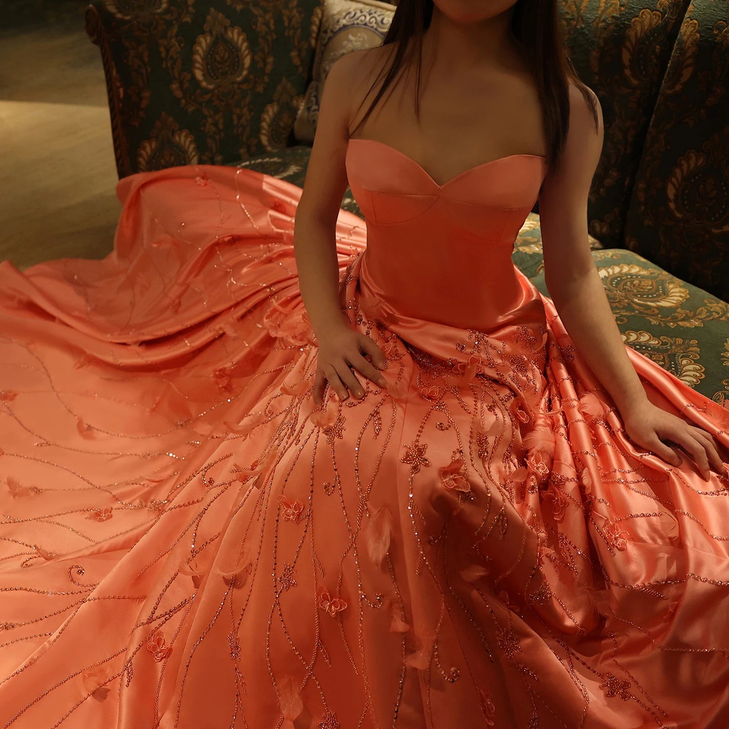 Luxury Feathers Coral Pink Evening Dresses 3D Flowers Sweetheart Long Women Wedding Formal Party Dress - Image 11